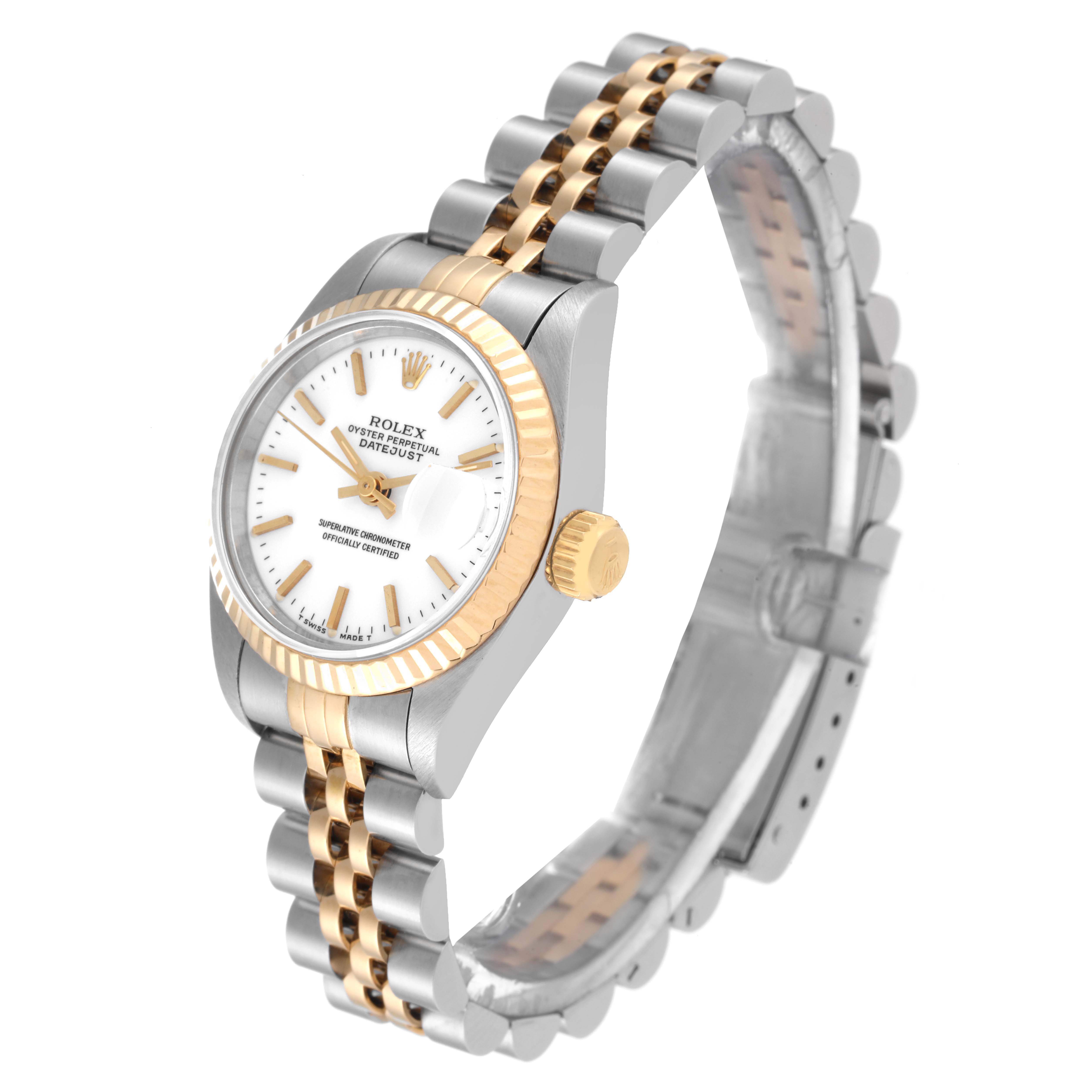 The image shows a Rolex Datejust 69173 Women's Steel and Gold (two tone) White Dial 69173 Women's Steel and Gold (two tone) White Dial watch at a three-quarter angle highlighting the face, bracelet, case, and crown.