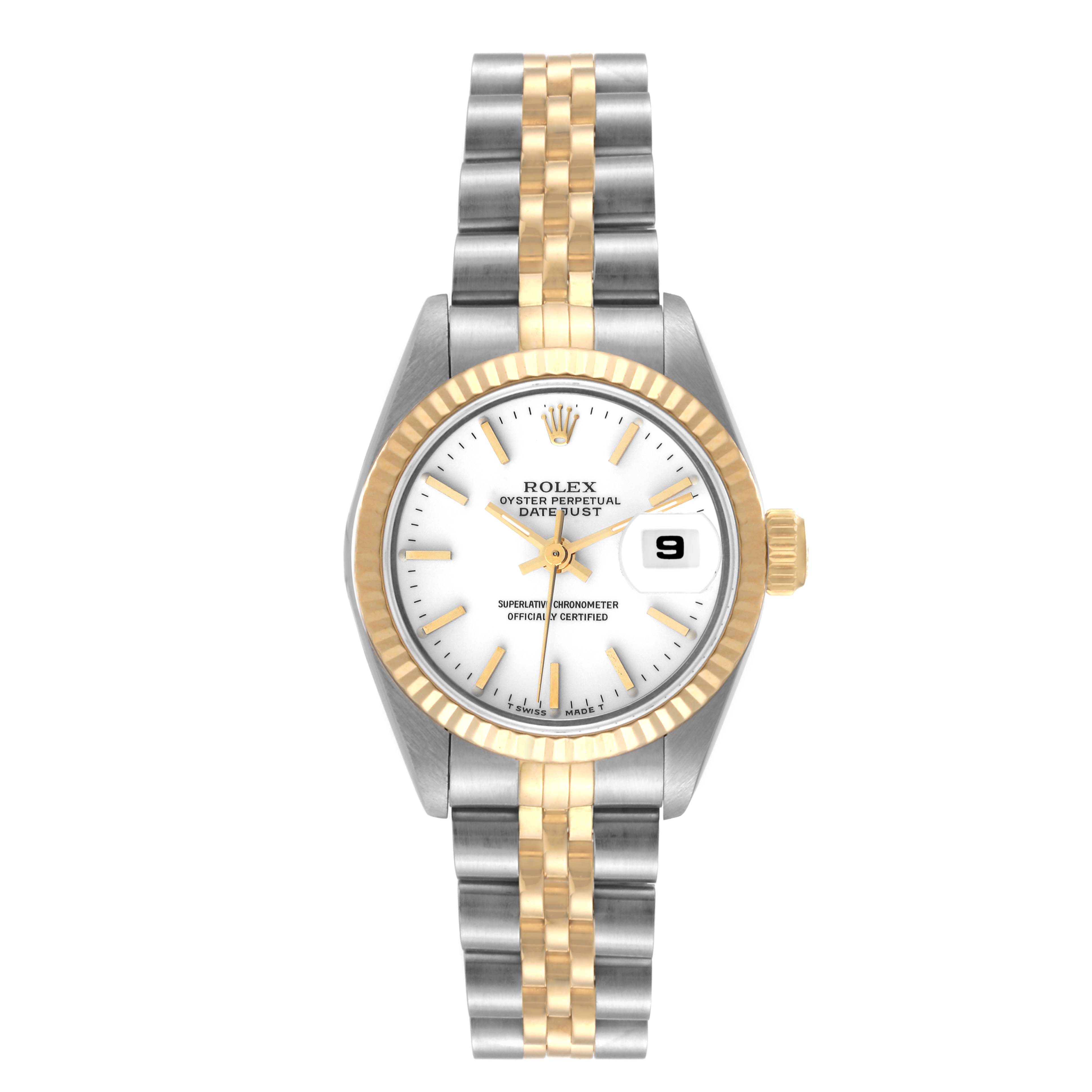 A Rolex Datejust 69173 Women's Steel and Gold (two tone) White Dial 69173 Women's Steel and Gold (two tone) White Dial watch showing the face, bezel, crown, and two-tone bracelet from a front angle.