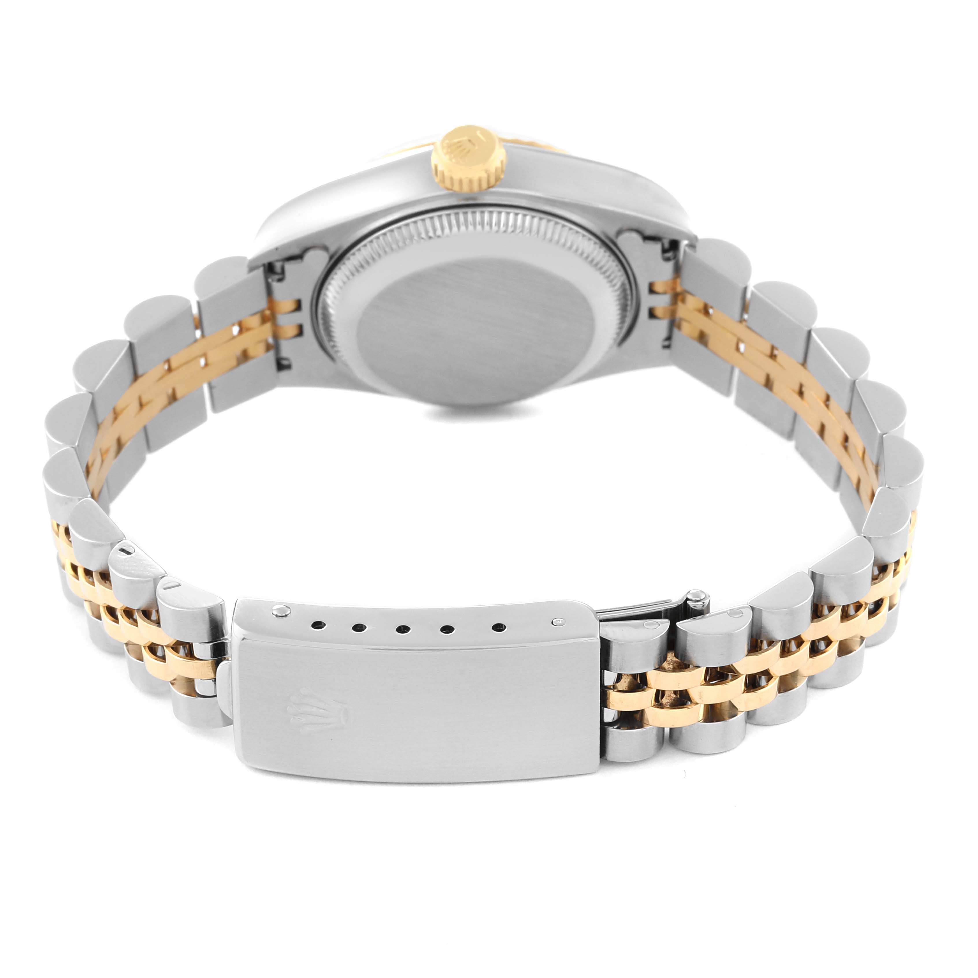 This image shows the back view of a Rolex Datejust 69173 Women's Steel and Gold (two tone) White Dial 69173 Women's Steel and Gold (two tone) White Dial watch, highlighting the case back, crown, and two-tone bracelet with clasp.