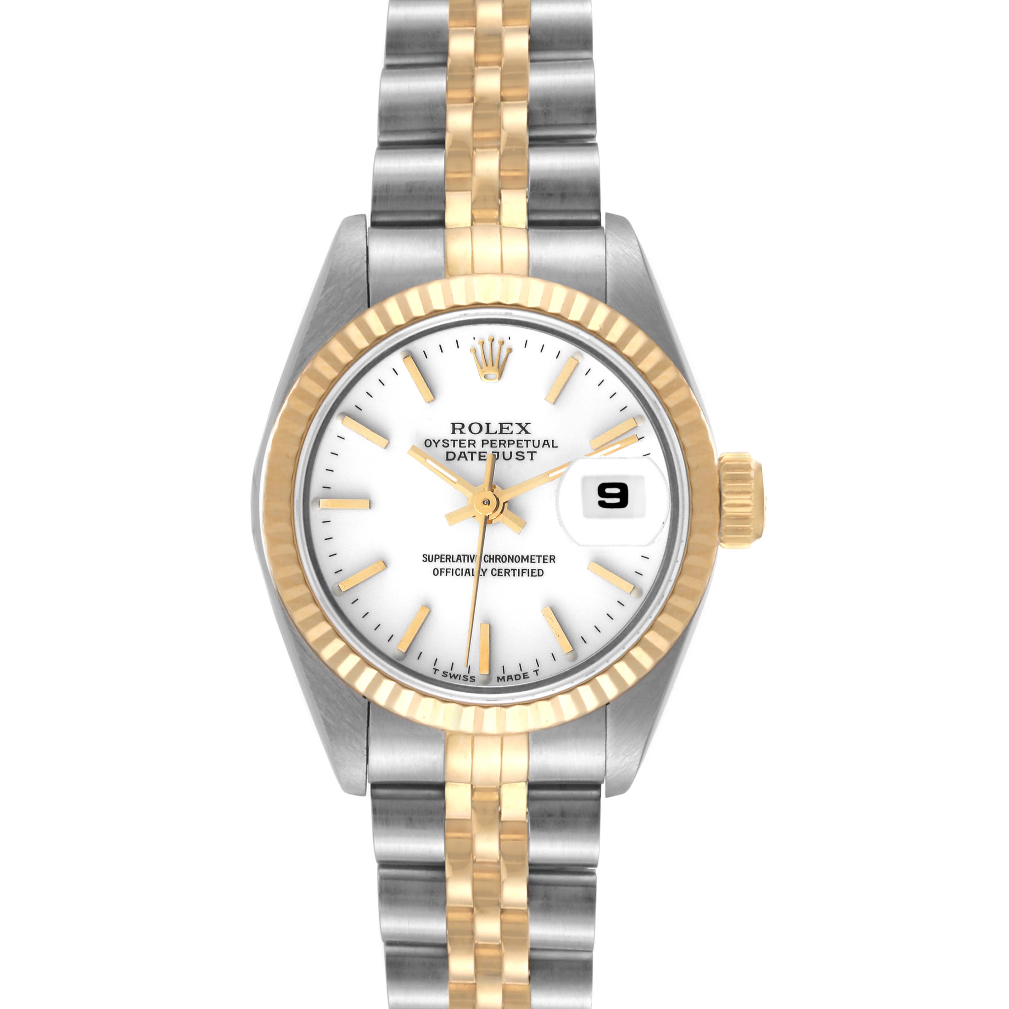 The image shows a Rolex Datejust 69173 Women's Steel and Gold (two tone) White Dial 69173 Women's Steel and Gold (two tone) White Dial watch front view, highlighting its dial, bezel, crown, and bracelet.