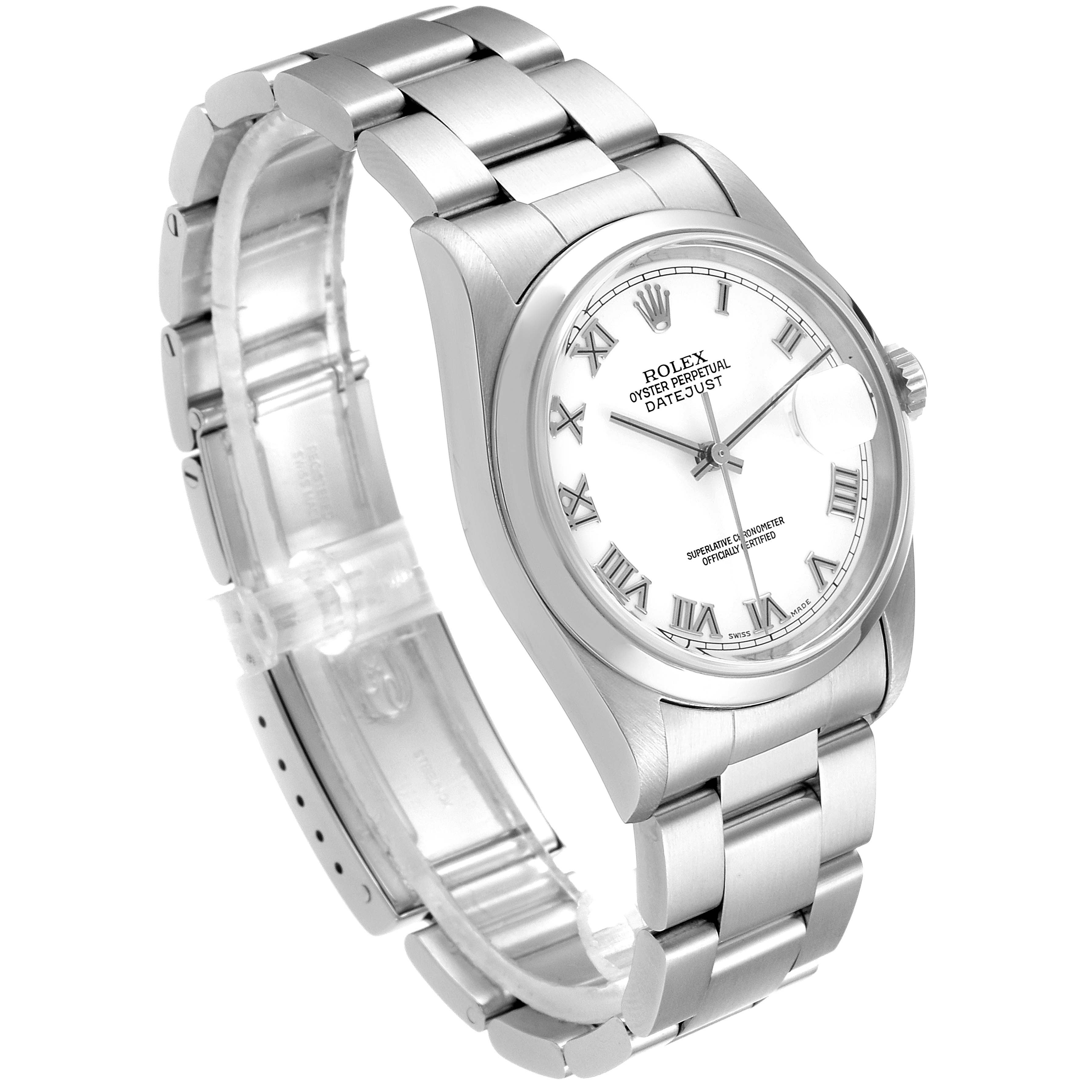 The image shows a Rolex Datejust 16200 Men's Stainless Steel White Dial 16200 Men's Stainless Steel White Dial watch at a three-quarter angle, highlighting the dial, bracelet, and crown.