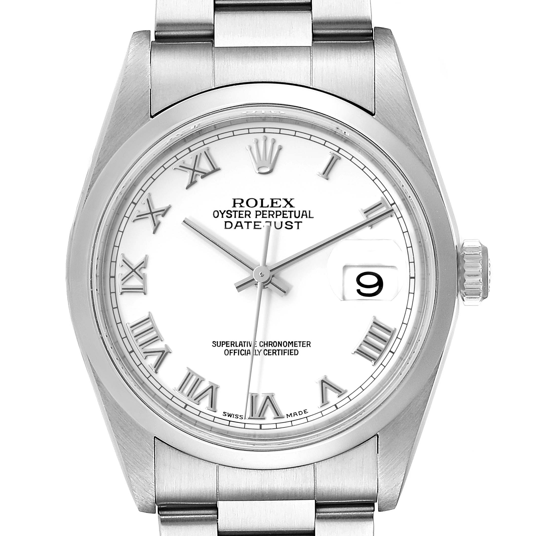 This image shows a front view of a Rolex Datejust 16200 Men's Stainless Steel White Dial 16200 Men's Stainless Steel White Dial watch, featuring its dial, bezel, crown, and bracelet.
