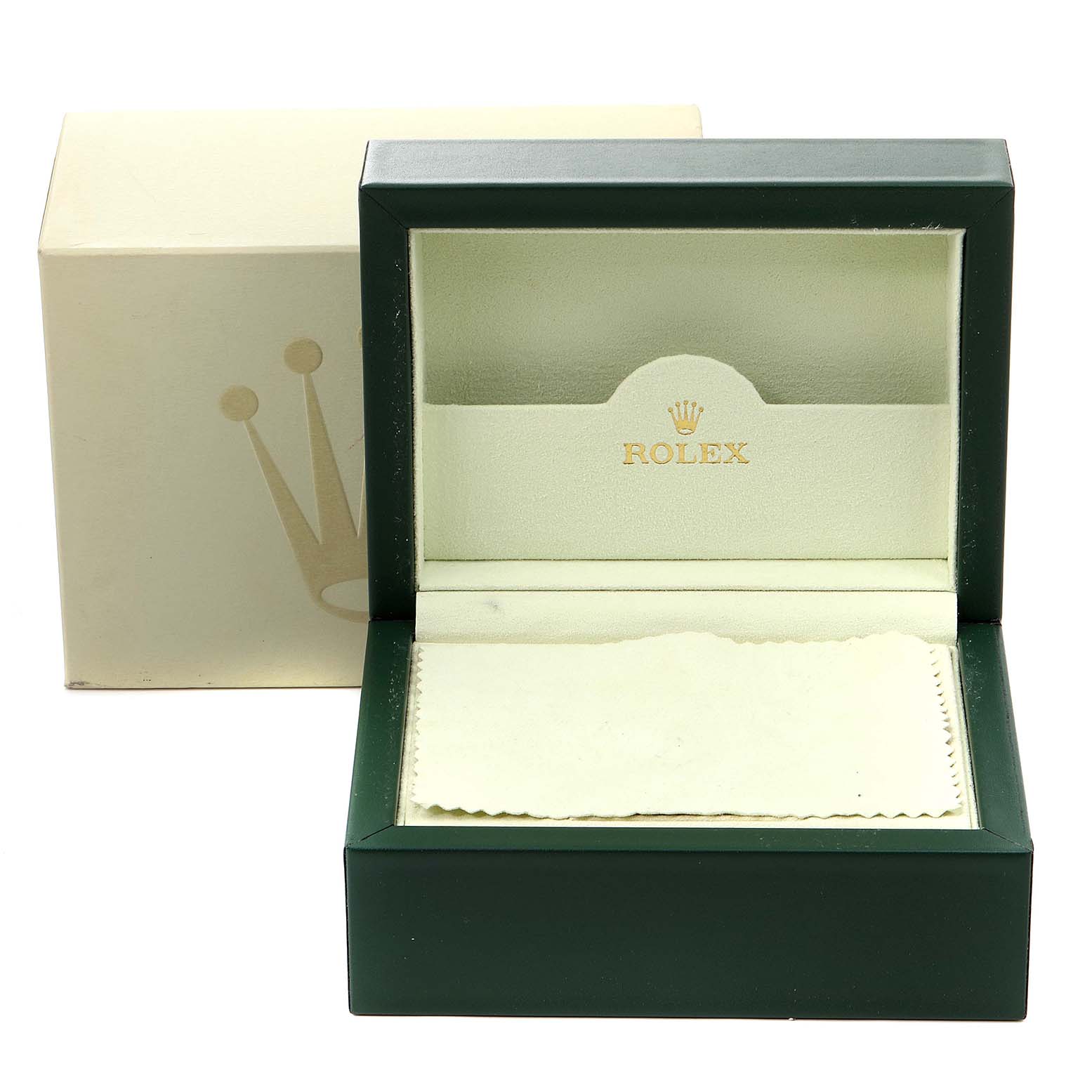 The image shows an open green and beige Rolex Datejust 16200 Men's Stainless Steel White Dial 16200 Men's Stainless Steel White Dial watch box with an inner cushion and outer packaging.