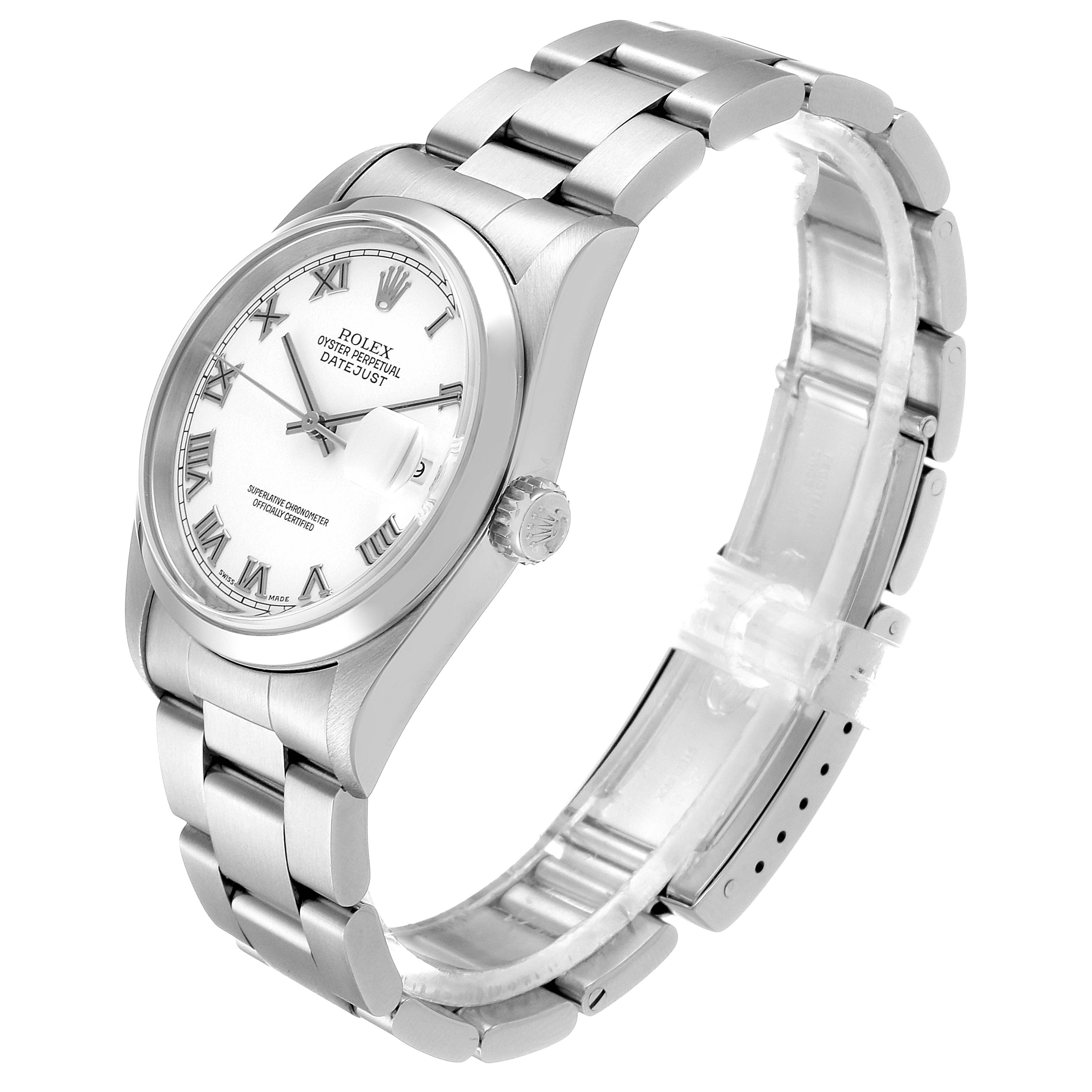 This image shows a side angle view of a Rolex Datejust 16200 Men's Stainless Steel White Dial 16200 Men's Stainless Steel White Dial watch, displaying its dial, crown, and bracelet.