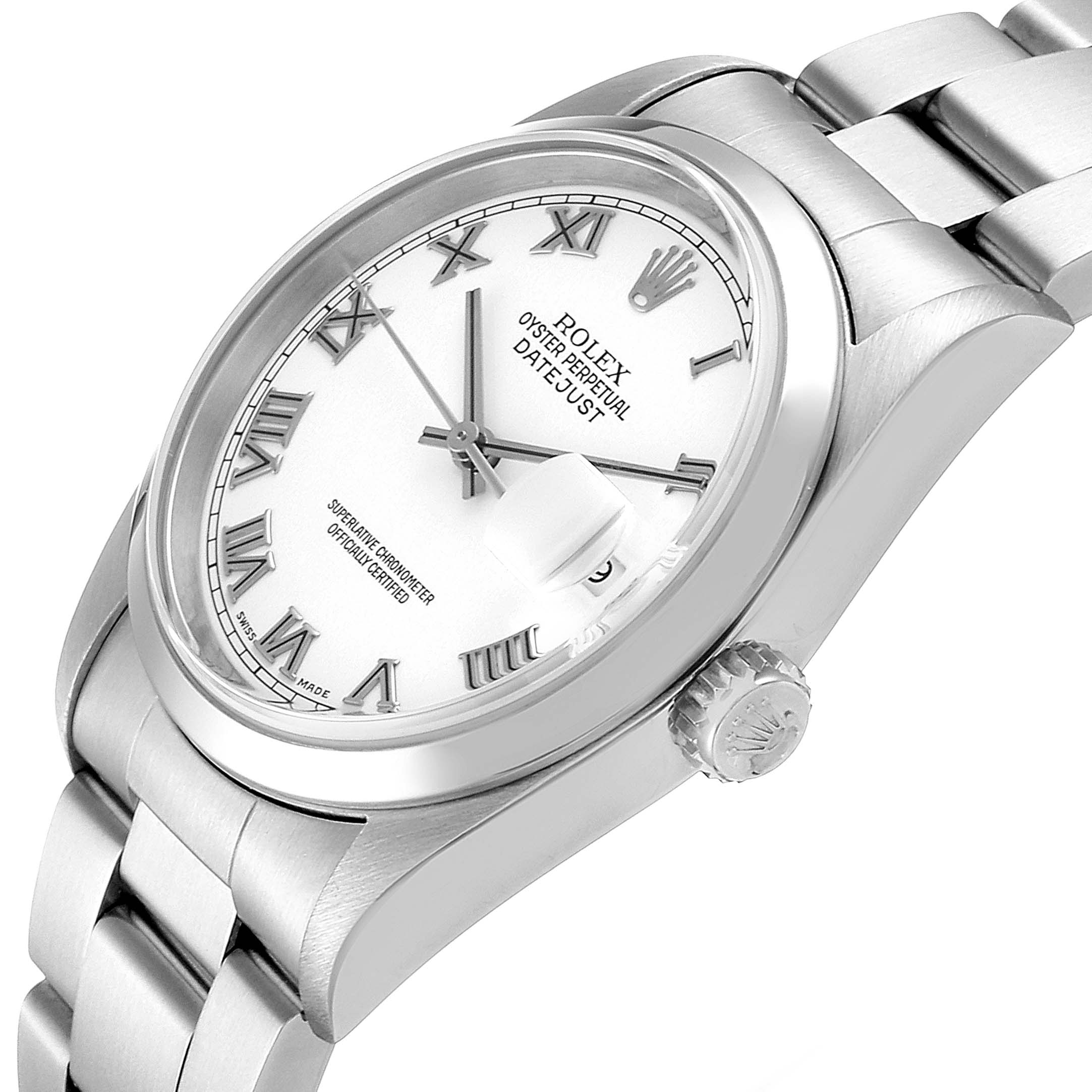 This image shows a partial close-up of a Rolex Datejust 16200 Men's Stainless Steel White Dial 16200 Men's Stainless Steel White Dial watch, highlighting its dial, bezel, crown, and part of the bracelet.