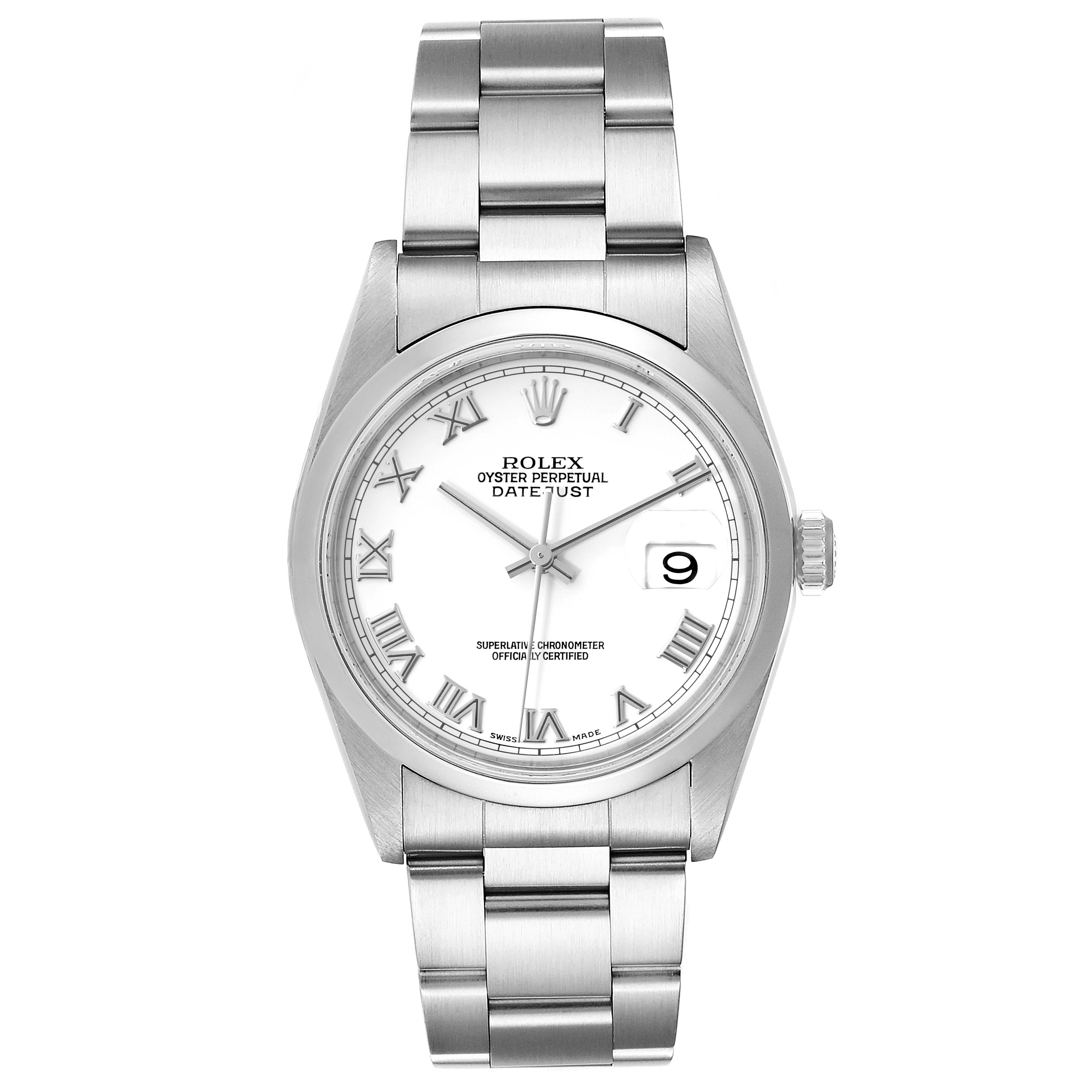 The image shows a front view of a Rolex Datejust 16200 Men's Stainless Steel White Dial 16200 Men's Stainless Steel White Dial watch, highlighting its bracelet, bezel, dial, and crown.