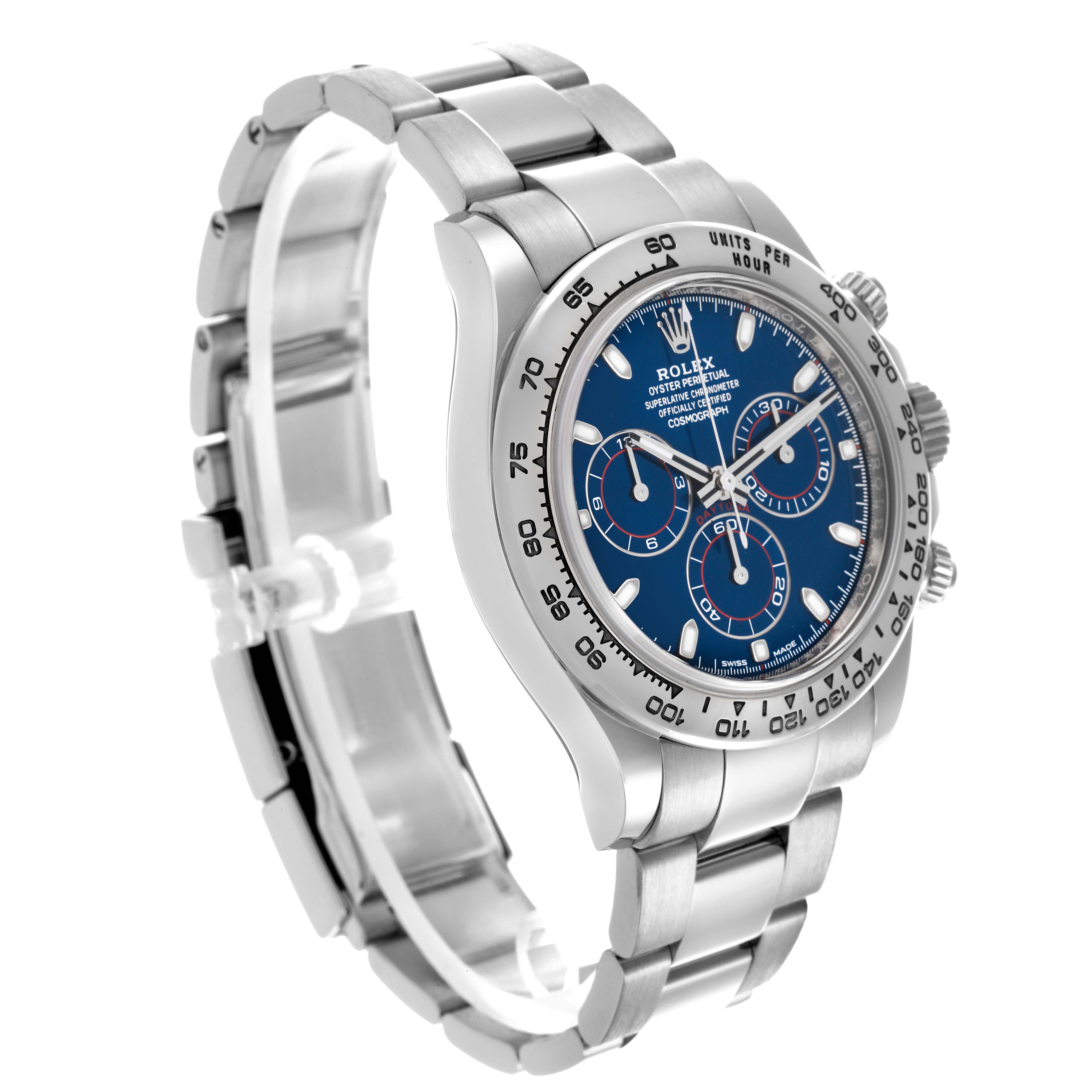 The Rolex Daytona 116509 Men's White Gold Blue Dial 116509 Men's White Gold Blue Dial watch is shown at a slight angle, displaying the face, bezel, and stainless steel bracelet.