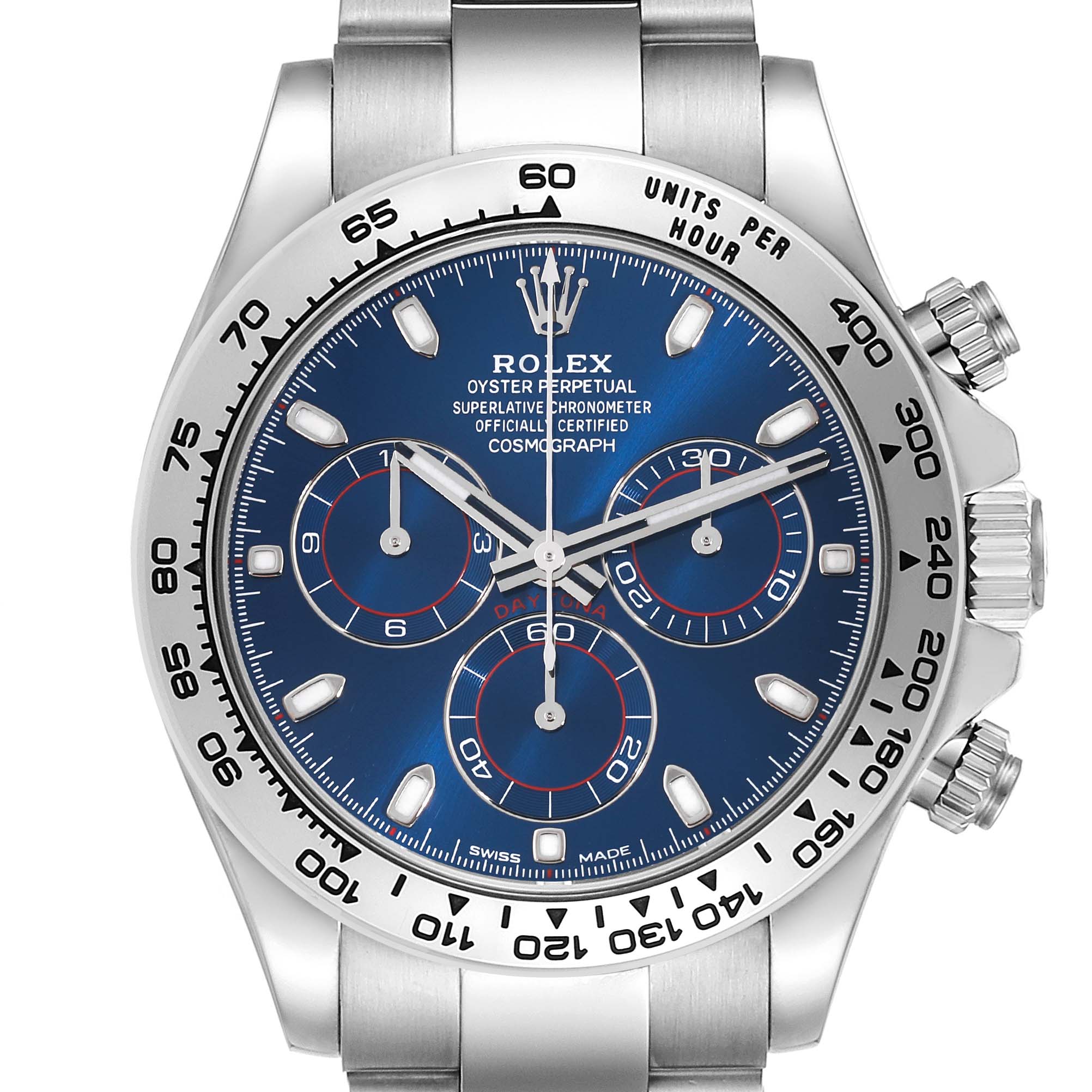 The Rolex Daytona 116509 Men's White Gold Blue Dial 116509 Men's White Gold Blue Dial is shown from the front, highlighting the dial, bezel, and chronograph features.