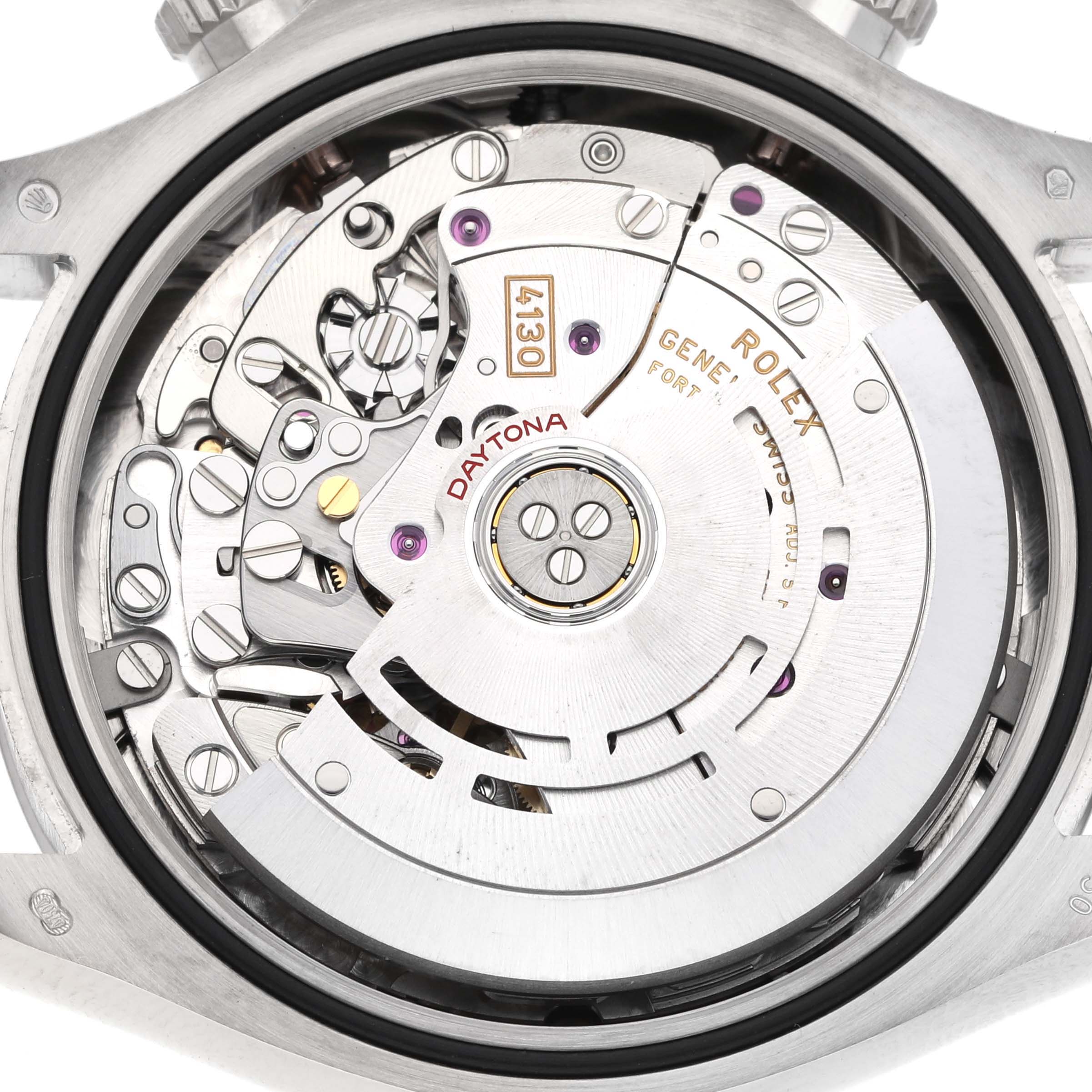 The image shows the movement of a Rolex Daytona 116509 Men's White Gold Blue Dial 116509 Men's White Gold Blue Dial watch from the back, highlighting the intricate mechanism and parts.