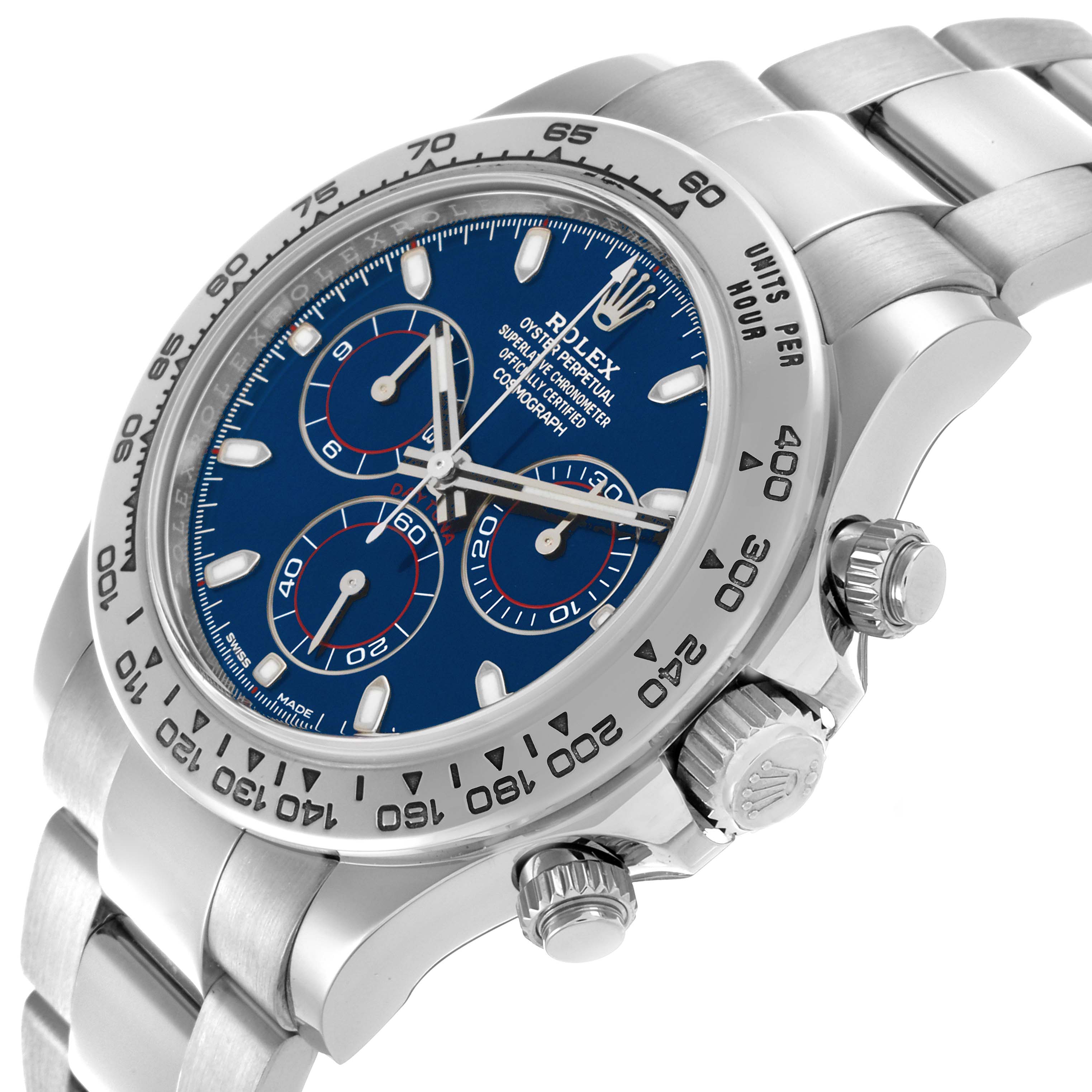 The Rolex Daytona 116509 Men's White Gold Blue Dial 116509 Men's White Gold Blue Dial watch is shown at an angled view highlighting the face, bezel, and side pushers.