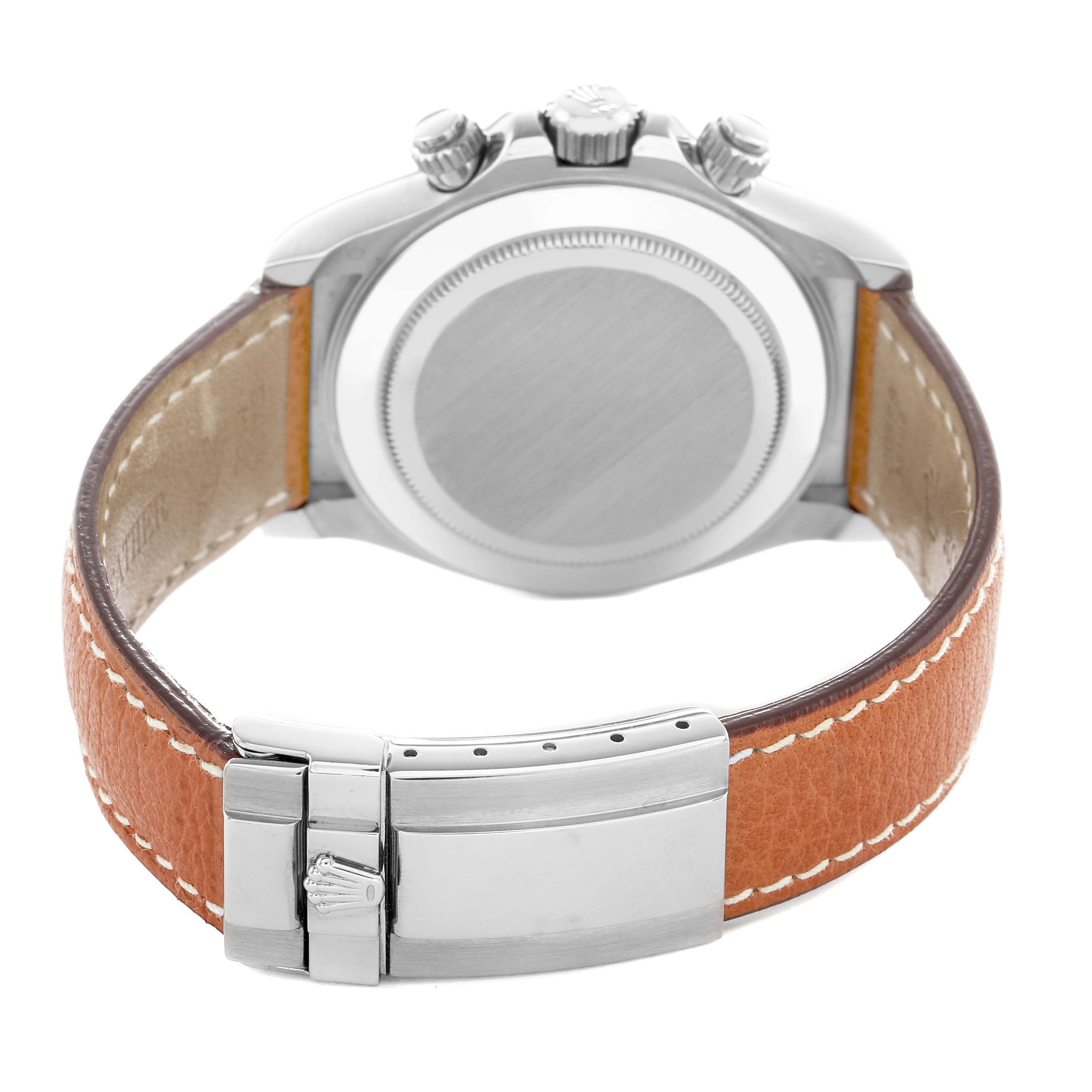 The image shows the back view of a Rolex Daytona 116519 Men's White Gold Silver Dial watch, highlighting the case back, crown, pushers, and leather strap with a clasp.