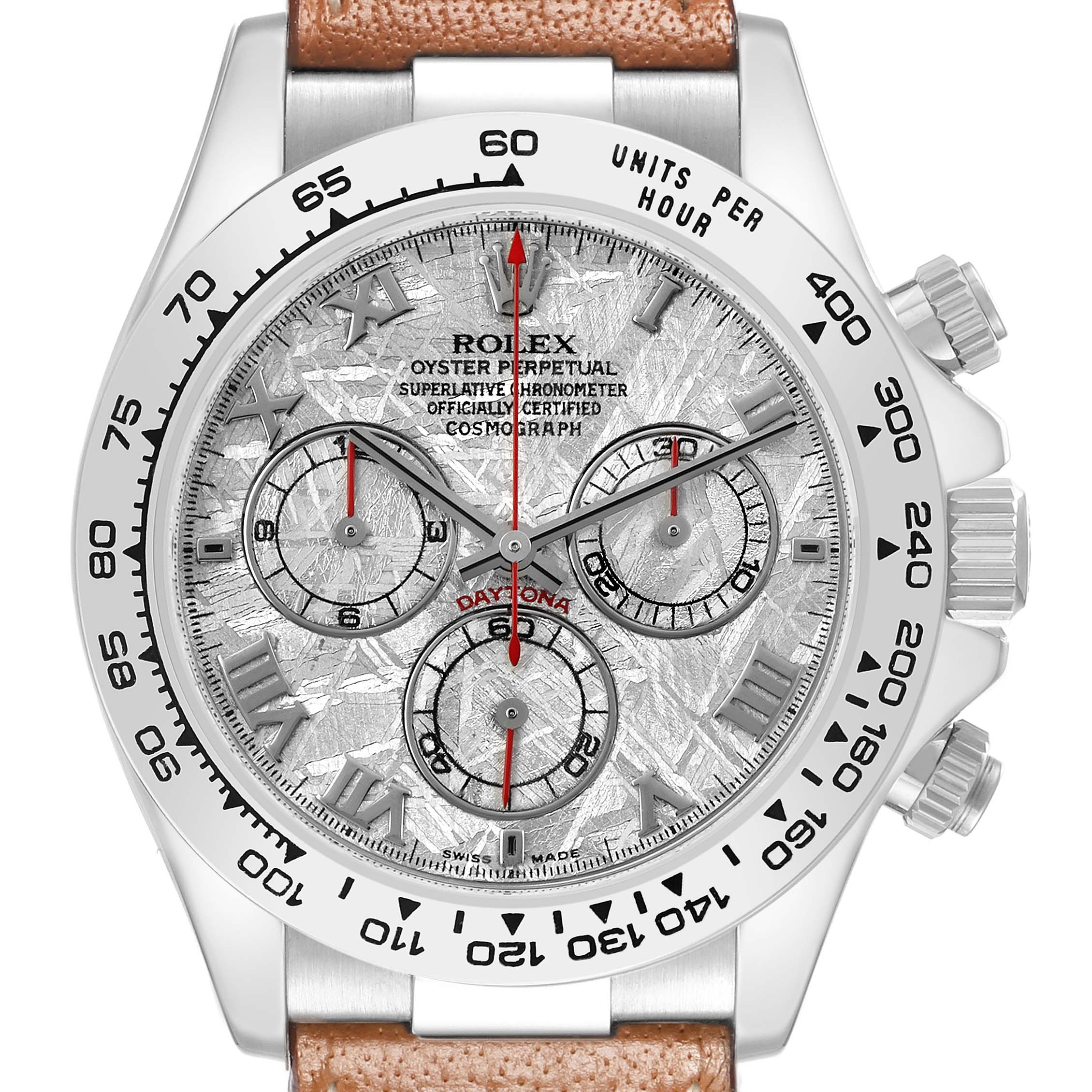 The Rolex Daytona 116519 Men's White Gold Silver Dial watch is shown from the front, displaying the dial, bezel, and pushers.
