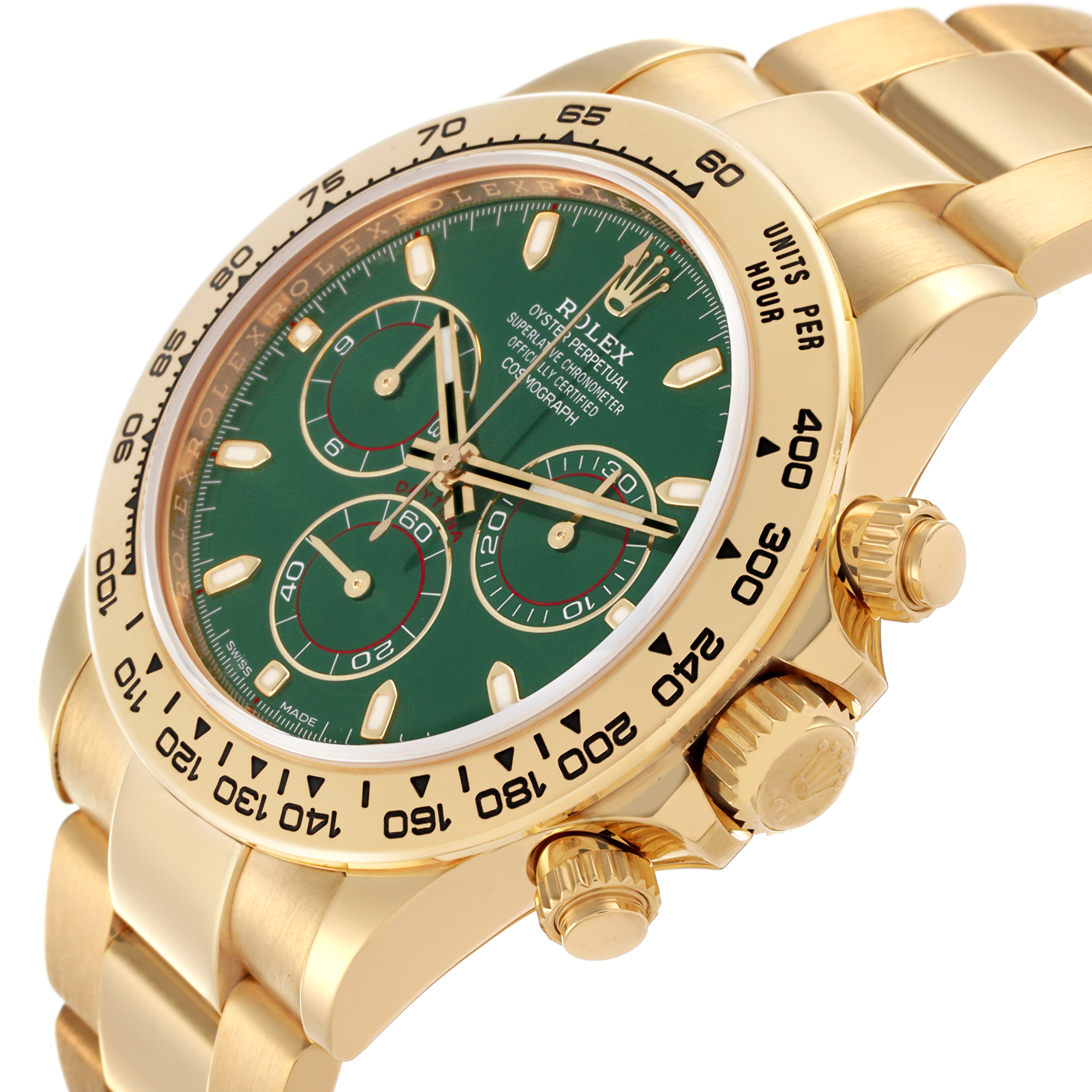 The Rolex Daytona 116508 Men's Yellow Gold Green Dial 116508 Men's Yellow Gold Green Dial watch is shown at an angled side view, highlighting the bezel, crown, and part of the bracelet.
