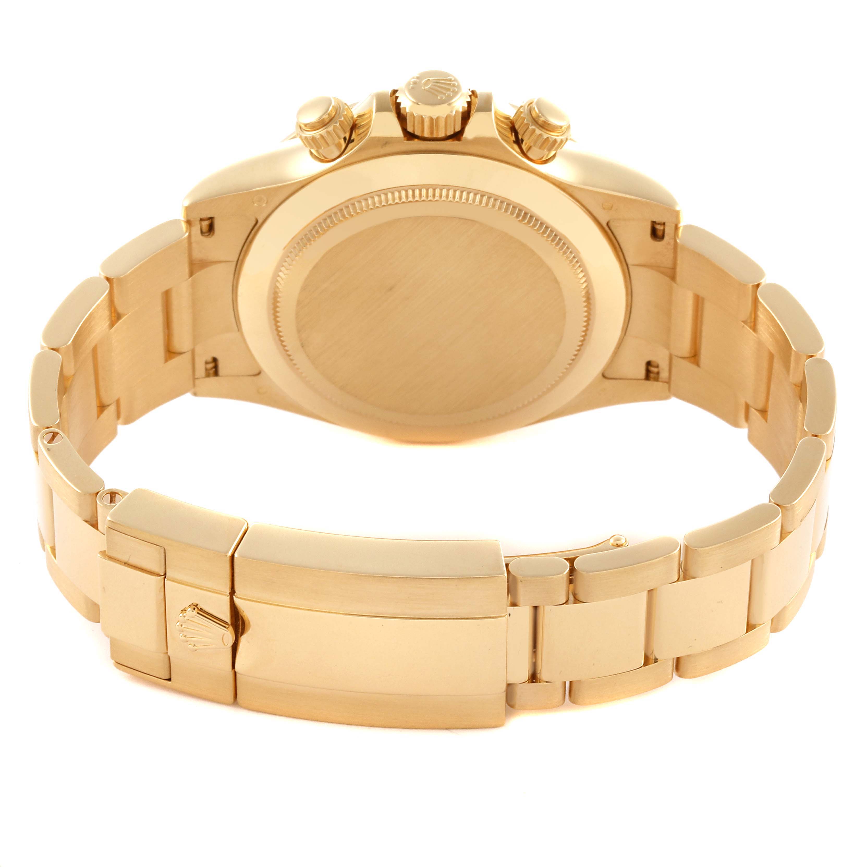 The image shows the back and clasp of a Rolex Daytona 116508 Men's Yellow Gold Green Dial 116508 Men's Yellow Gold Green Dial watch in gold, with the side view of the case and bracelet.