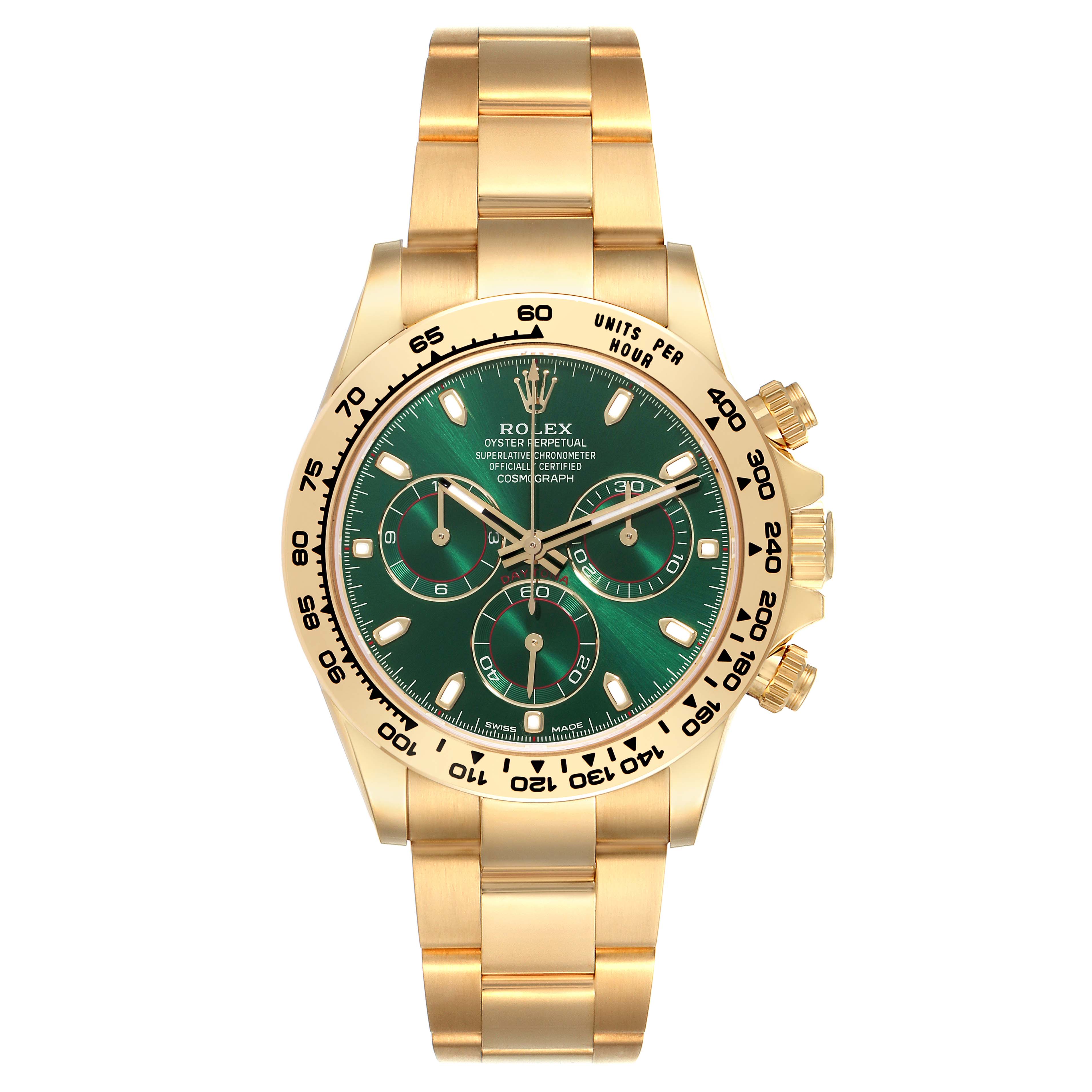 The Rolex Daytona 116508 Men's Yellow Gold Green Dial 116508 Men's Yellow Gold Green Dial watch is shown from the front, highlighting its gold case, green dial, and bracelet.