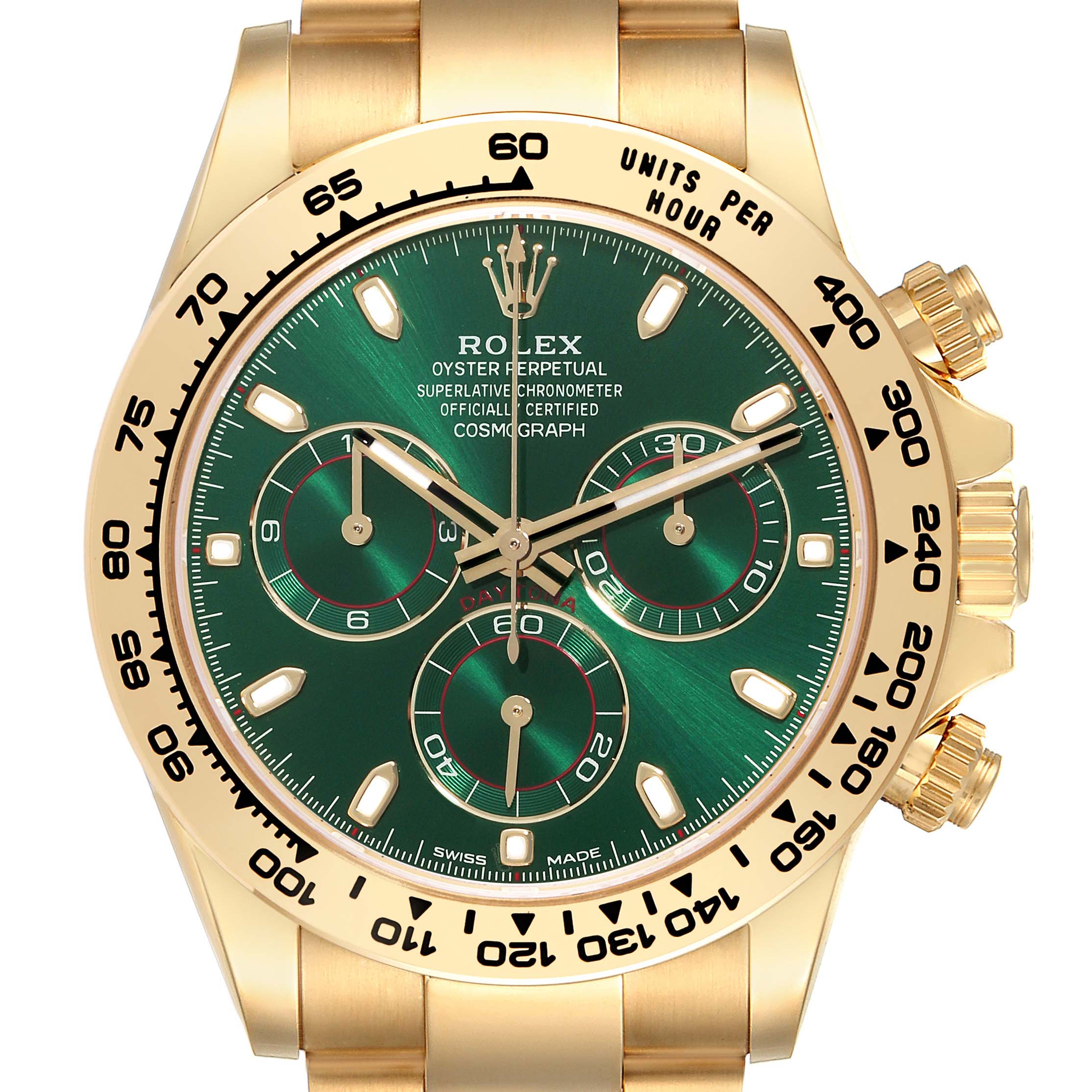 The image shows a front view of the Rolex Daytona 116508 Men's Yellow Gold Green Dial 116508 Men's Yellow Gold Green Dial watch, highlighting its green dial and gold case.