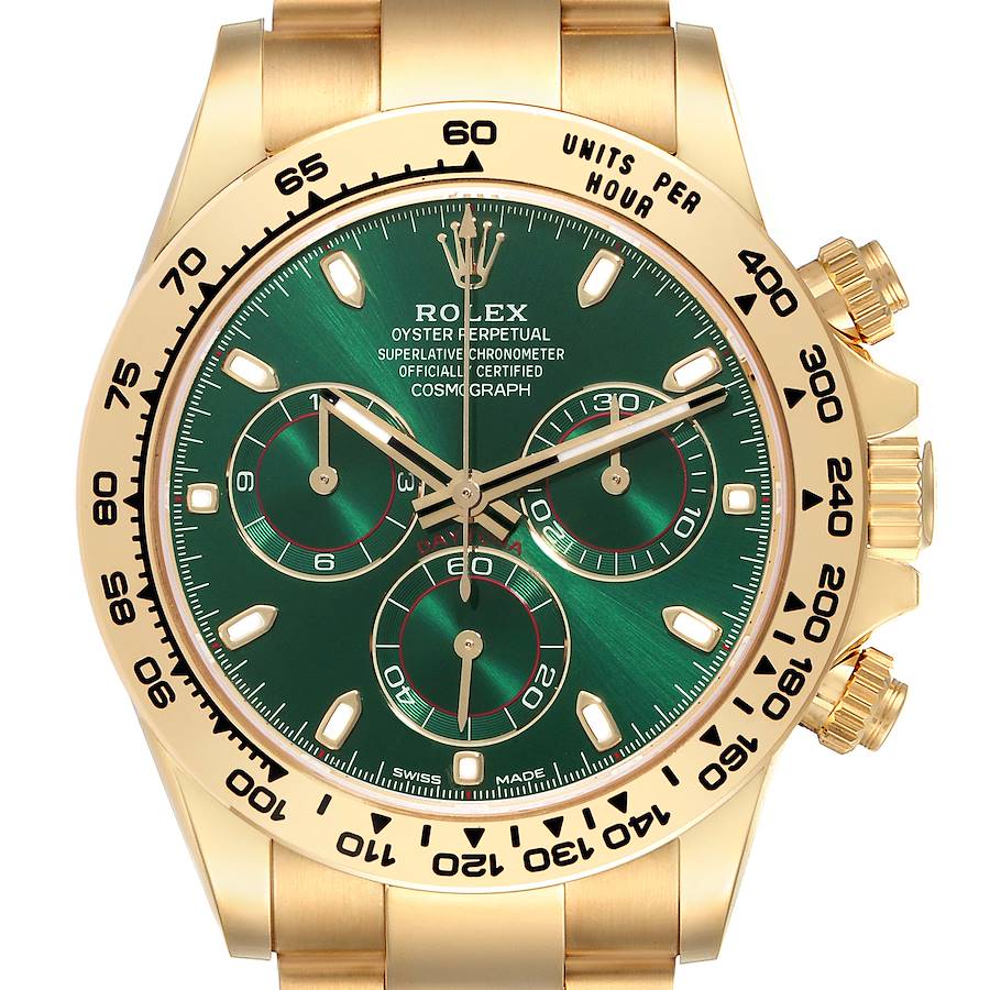 The image shows a front view of the Rolex Daytona watch, highlighting its green dial and gold case.