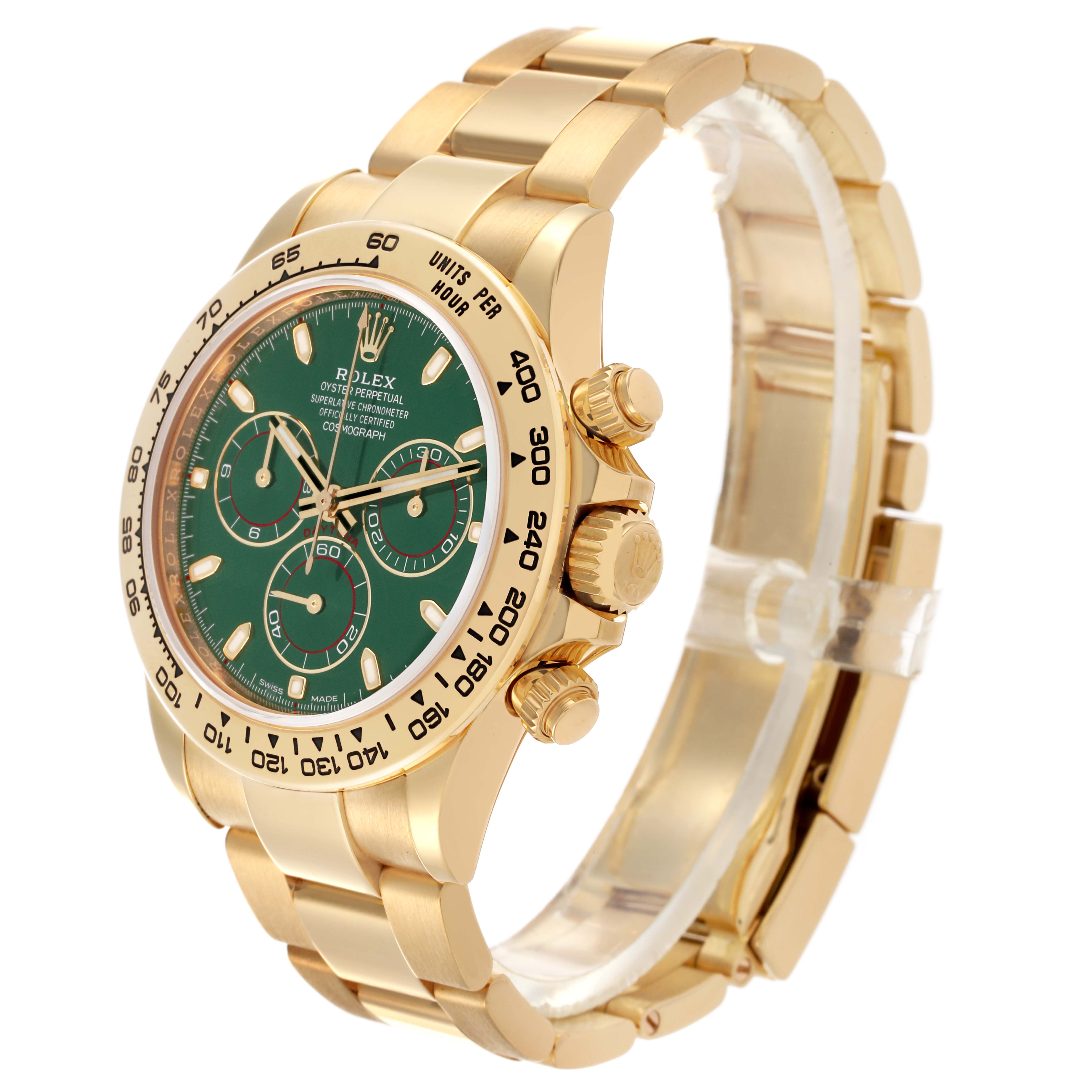 The Rolex Daytona 116508 Men's Yellow Gold Green Dial 116508 Men's Yellow Gold Green Dial watch is shown at a side angle, displaying the gold bracelet, green dial, and bezel with chronograph pushers.