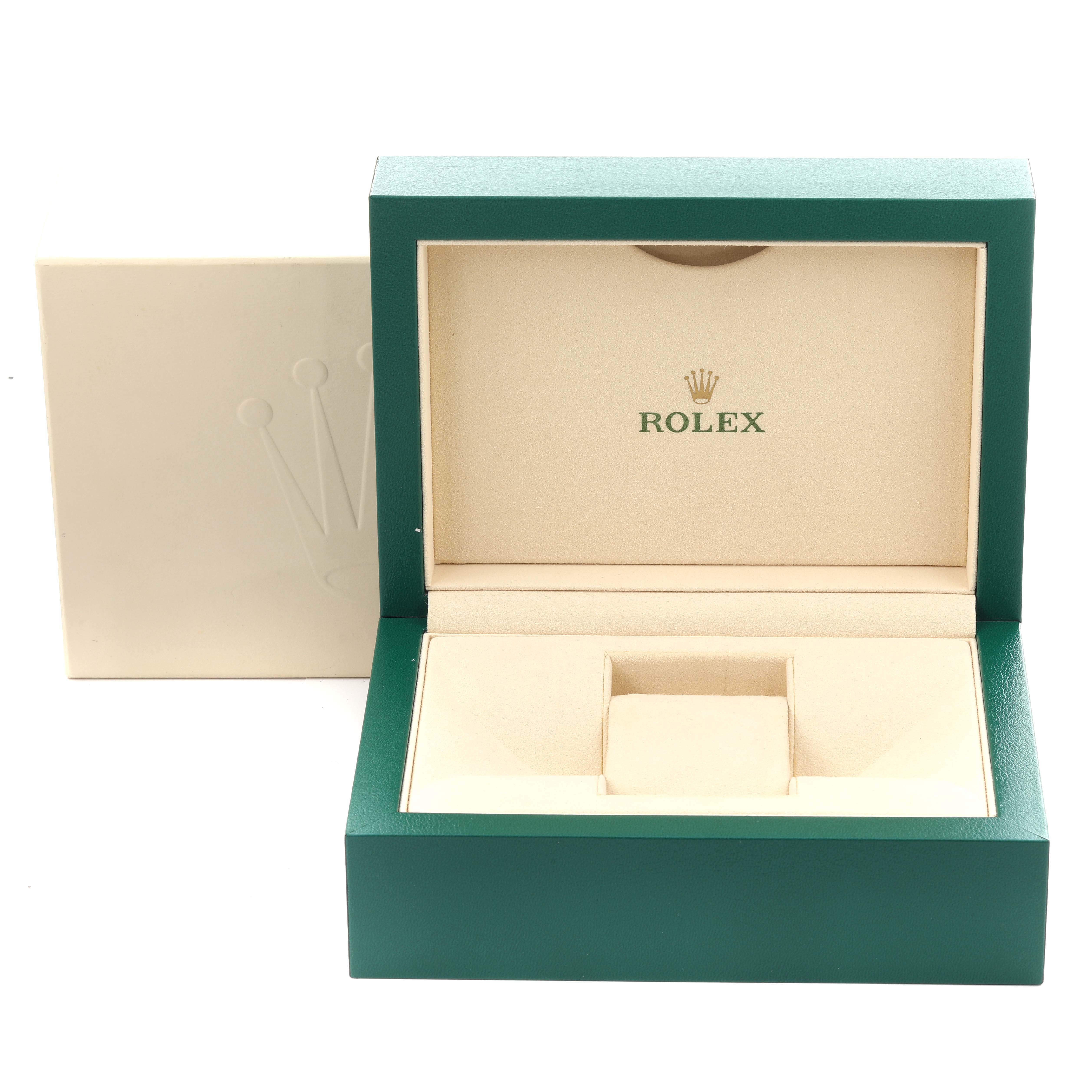 The image shows an open Rolex Daytona 116508 Men's Yellow Gold Green Dial 116508 Men's Yellow Gold Green Dial watch box with the interior visible.
