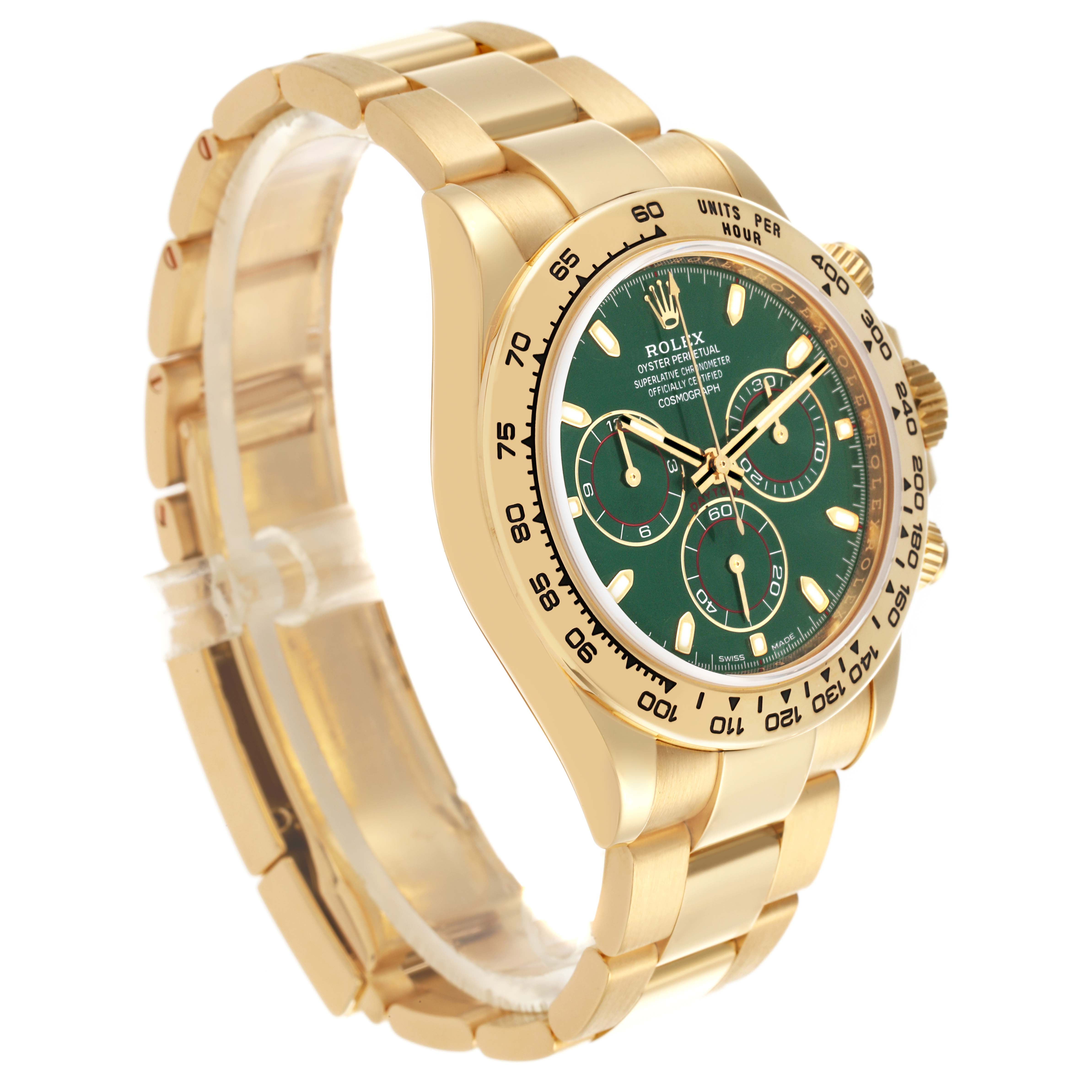 The Rolex Daytona 116508 Men's Yellow Gold Green Dial 116508 Men's Yellow Gold Green Dial watch is shown at a three-quarter angle, highlighting the crown, pushers, dial, and bracelet.