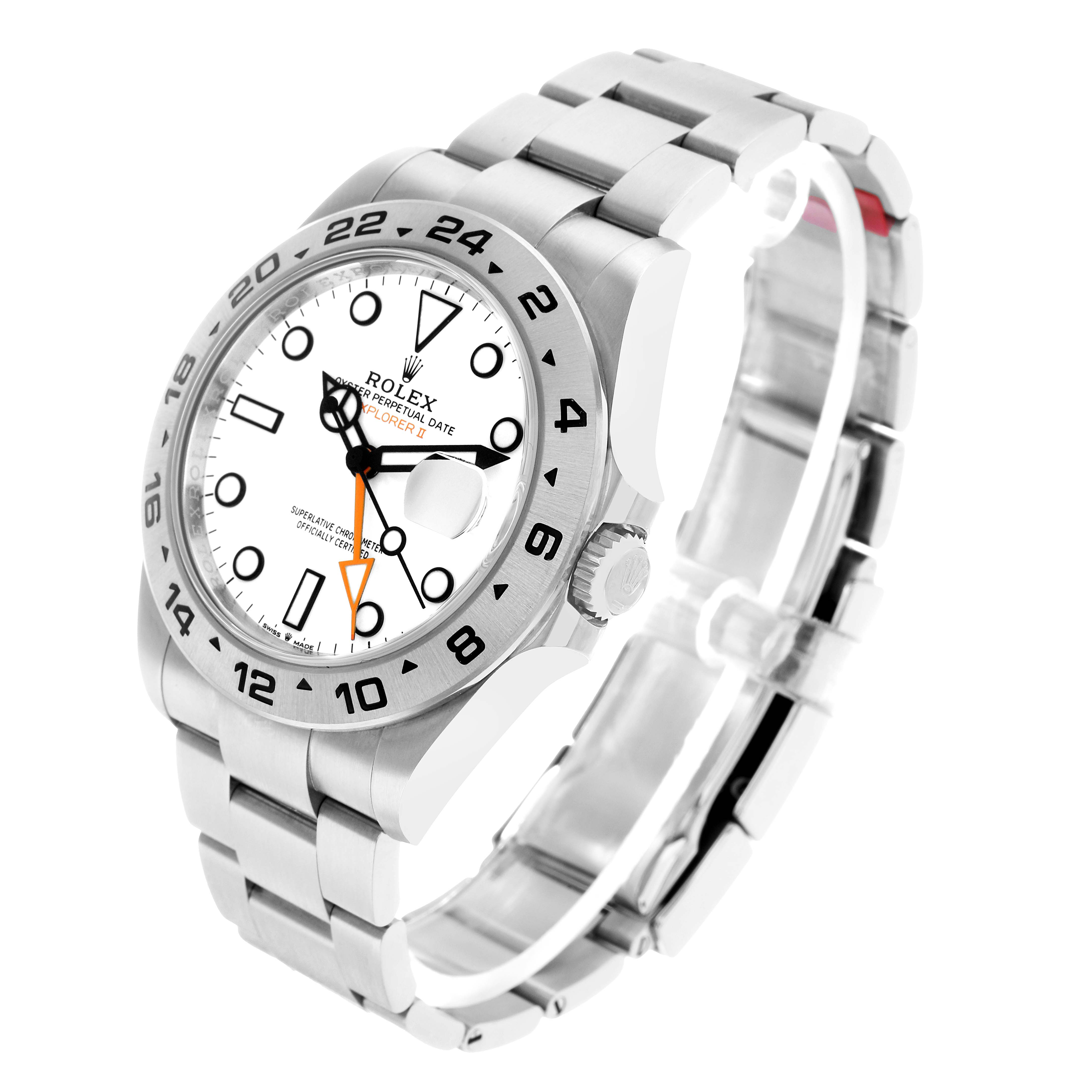 The Rolex Explorer 226570 Men's Stainless Steel White Dial watch is shown at an angled side view, displaying the face, bezel, crown, and bracelet.