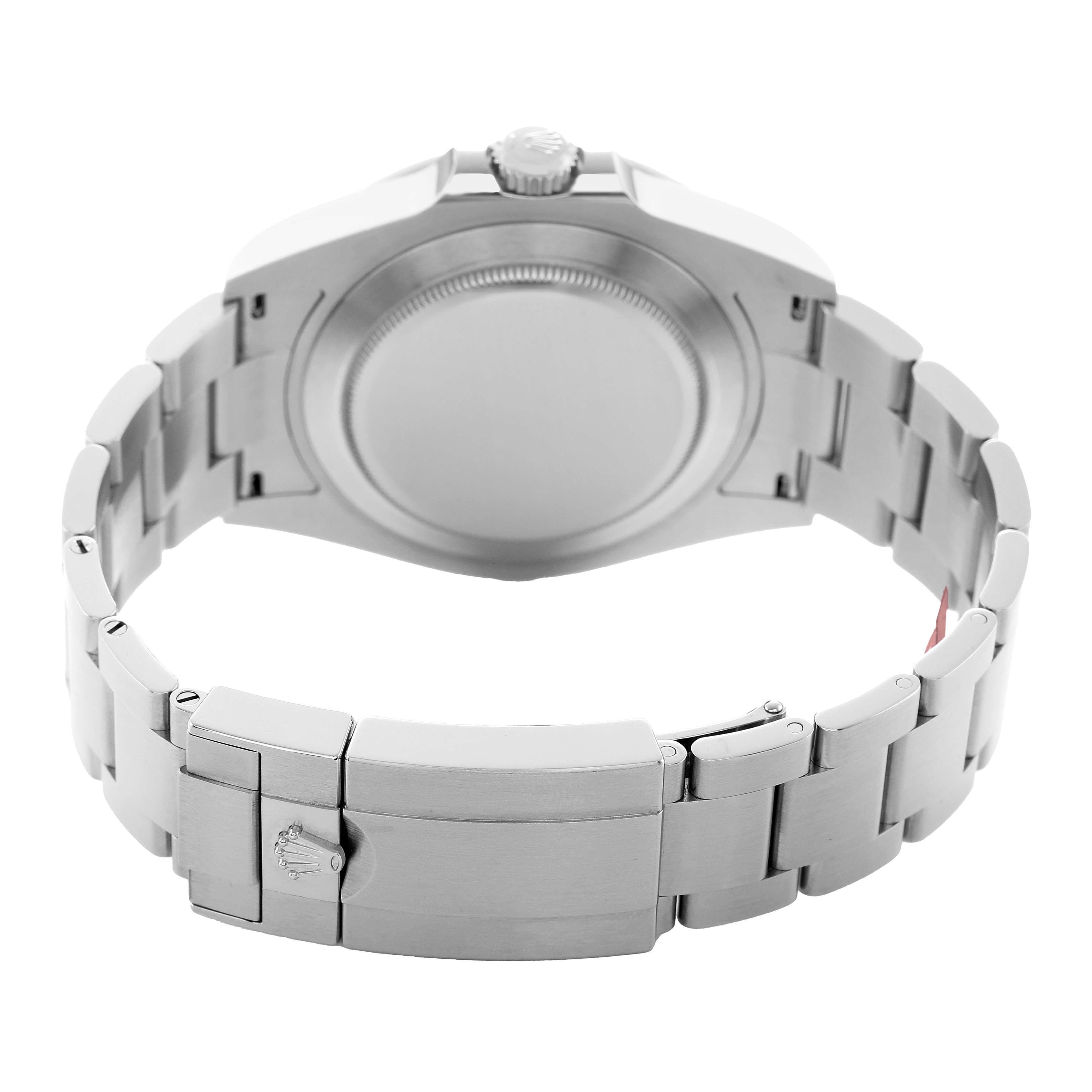 The Rolex Explorer 226570 Men's Stainless Steel White Dial watch is shown from the back, highlighting the clasp, bracelet, and case back.