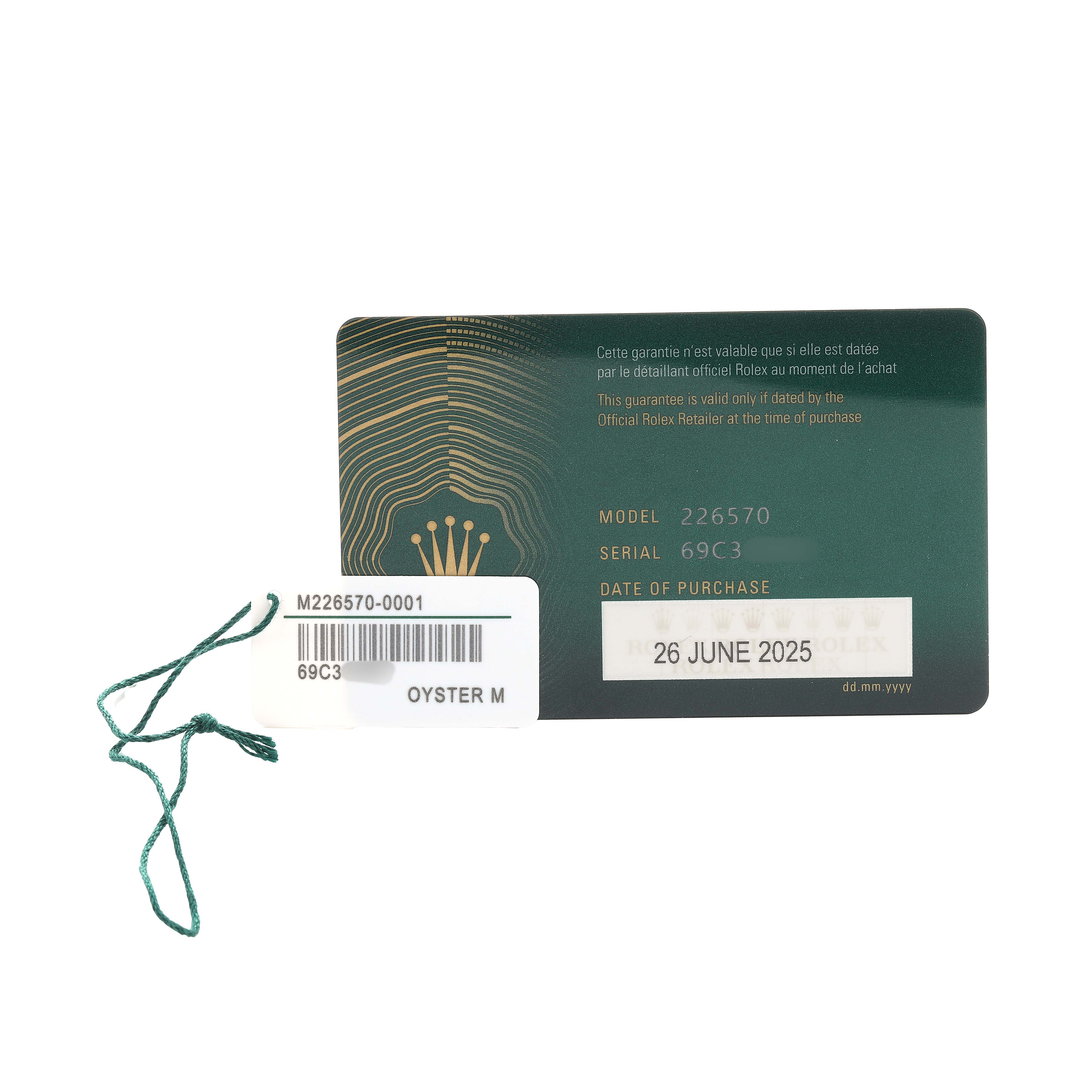 The image shows accessories for the Rolex Explorer 226570 Men's Stainless Steel White Dial, including a guarantee card with model and serial numbers, and tags.