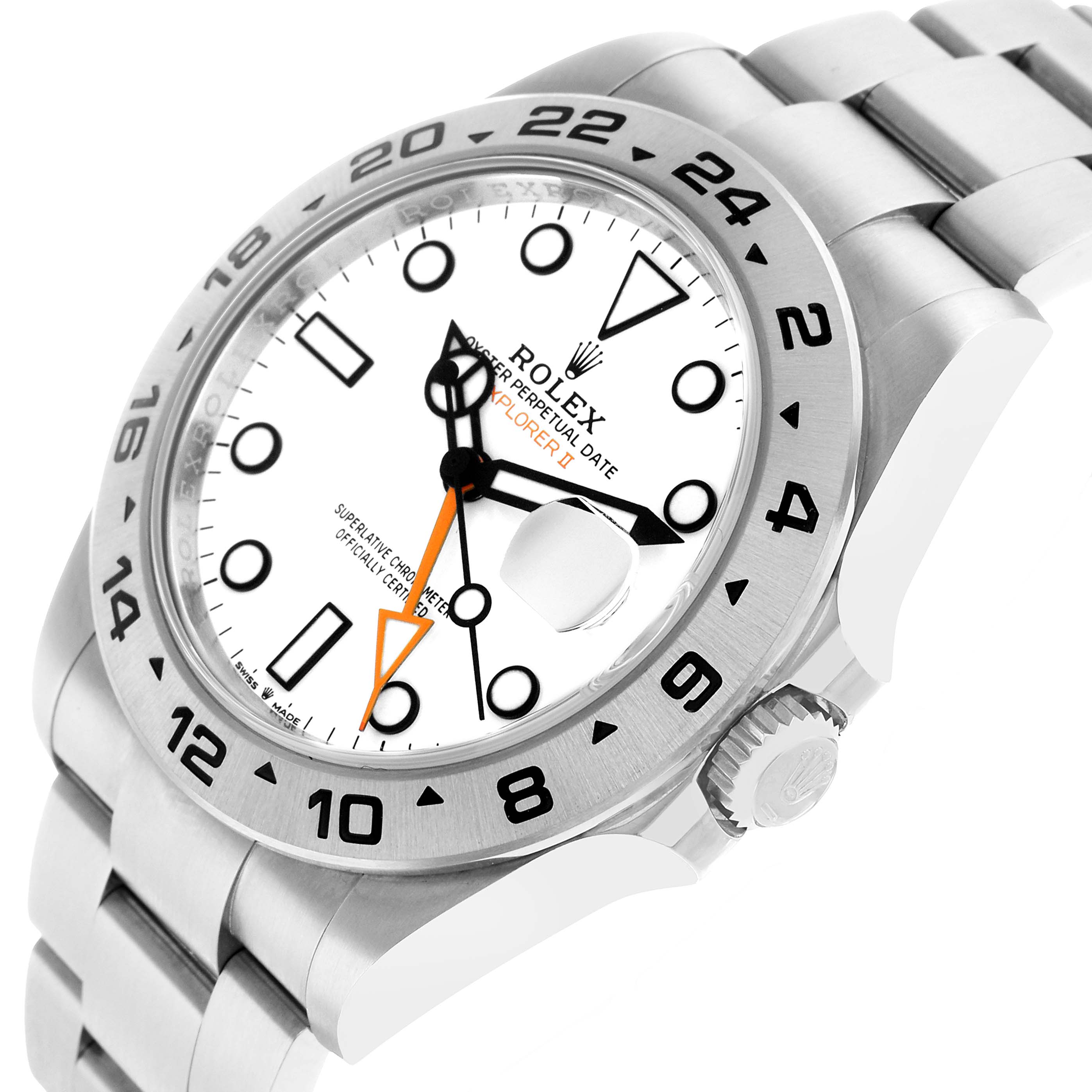 The Rolex Explorer 226570 Men's Stainless Steel White Dial watch is shown at a three-quarter angle, highlighting its bezel, dial, hands, and part of the bracelet.
