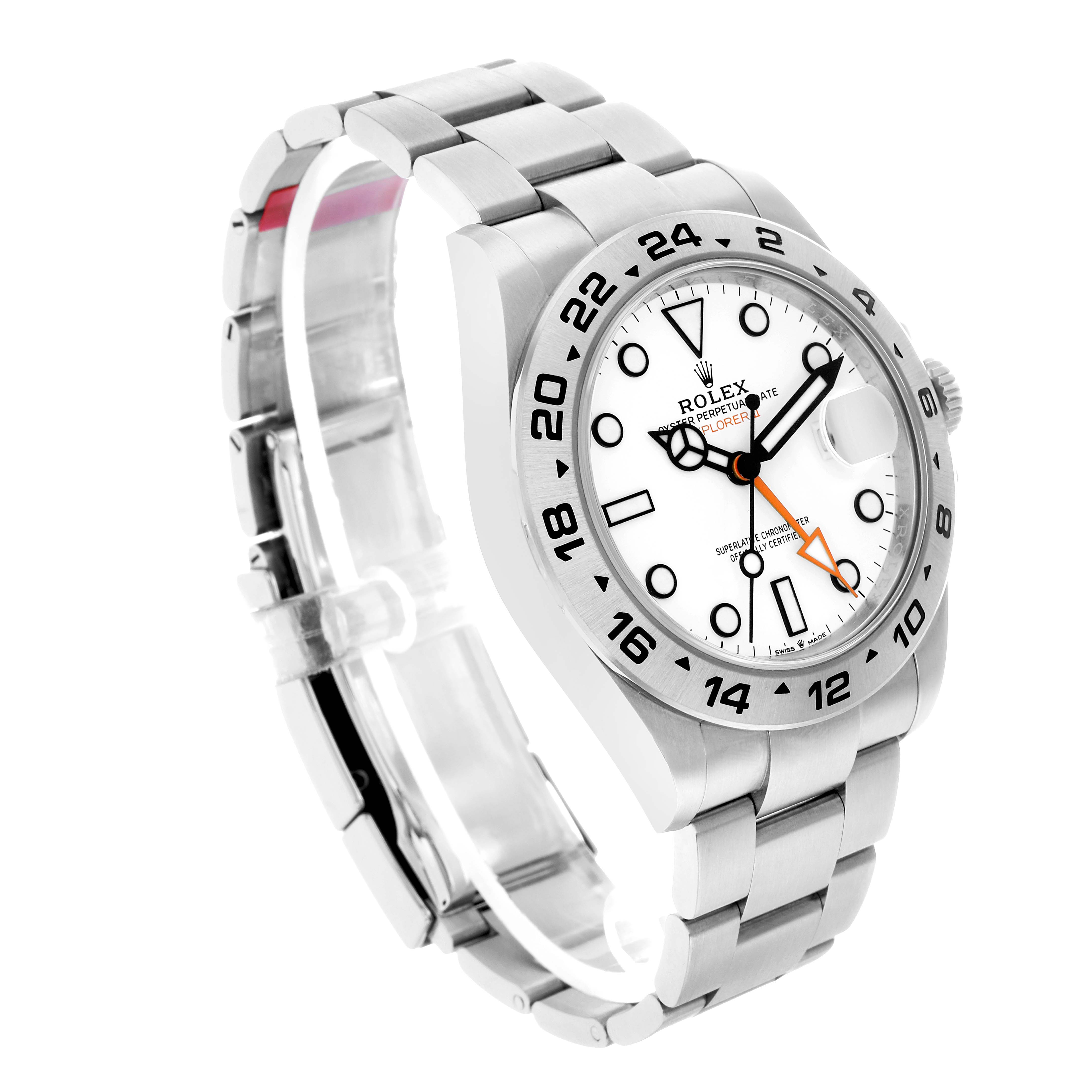 The Rolex Explorer 226570 Men's Stainless Steel White Dial watch is shown at an angled view, highlighting the face, bezel, and partially open bracelet.