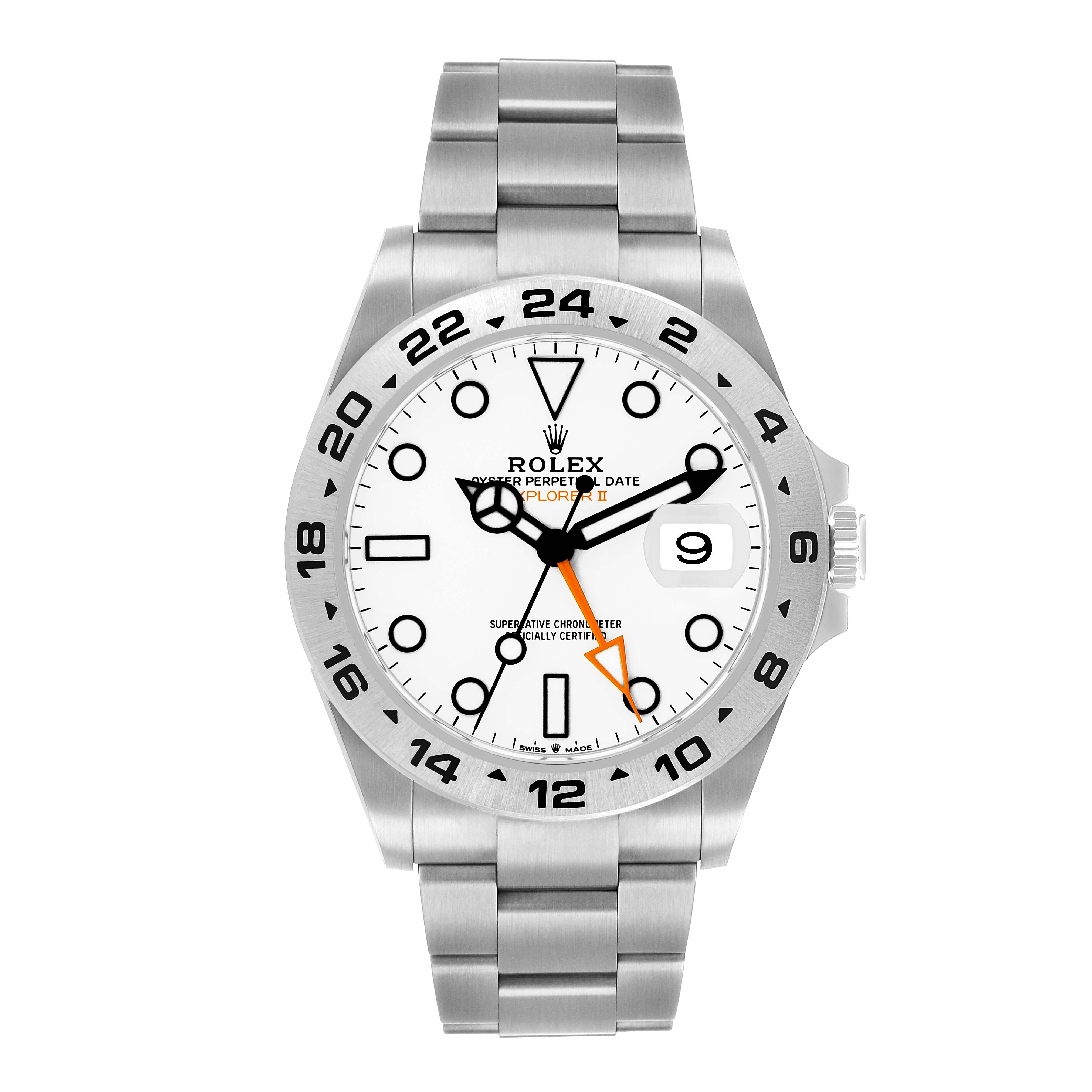 The Rolex Explorer 226570 Men's Stainless Steel White Dial model is shown from a front angle, displaying the bezel, dial, hands, date window, and bracelet.