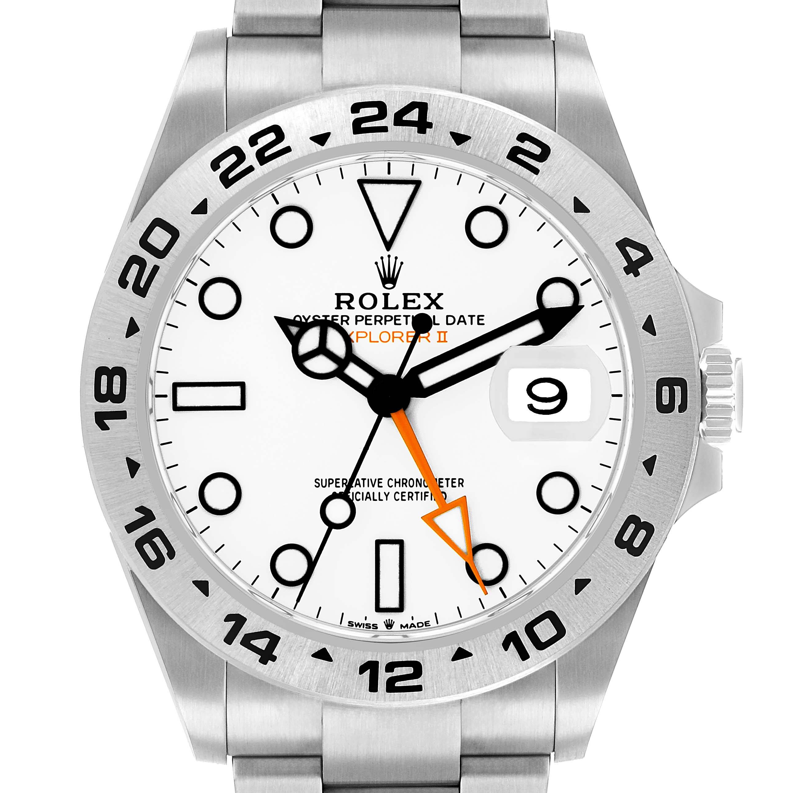 The Rolex Explorer 226570 Men's Stainless Steel White Dial model watch is shown from the front, detailing the face, hands, and bezel.