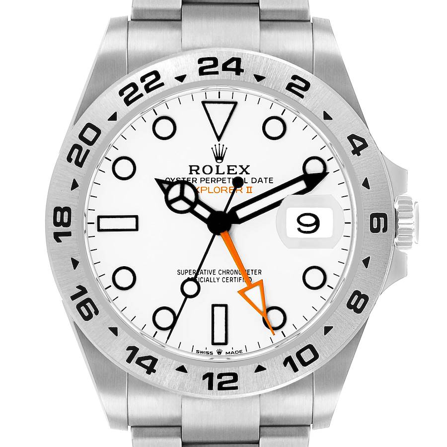 The Rolex Explorer 226570 Men's Stainless Steel White Dial model watch is shown from the front, detailing the face, hands, and bezel.