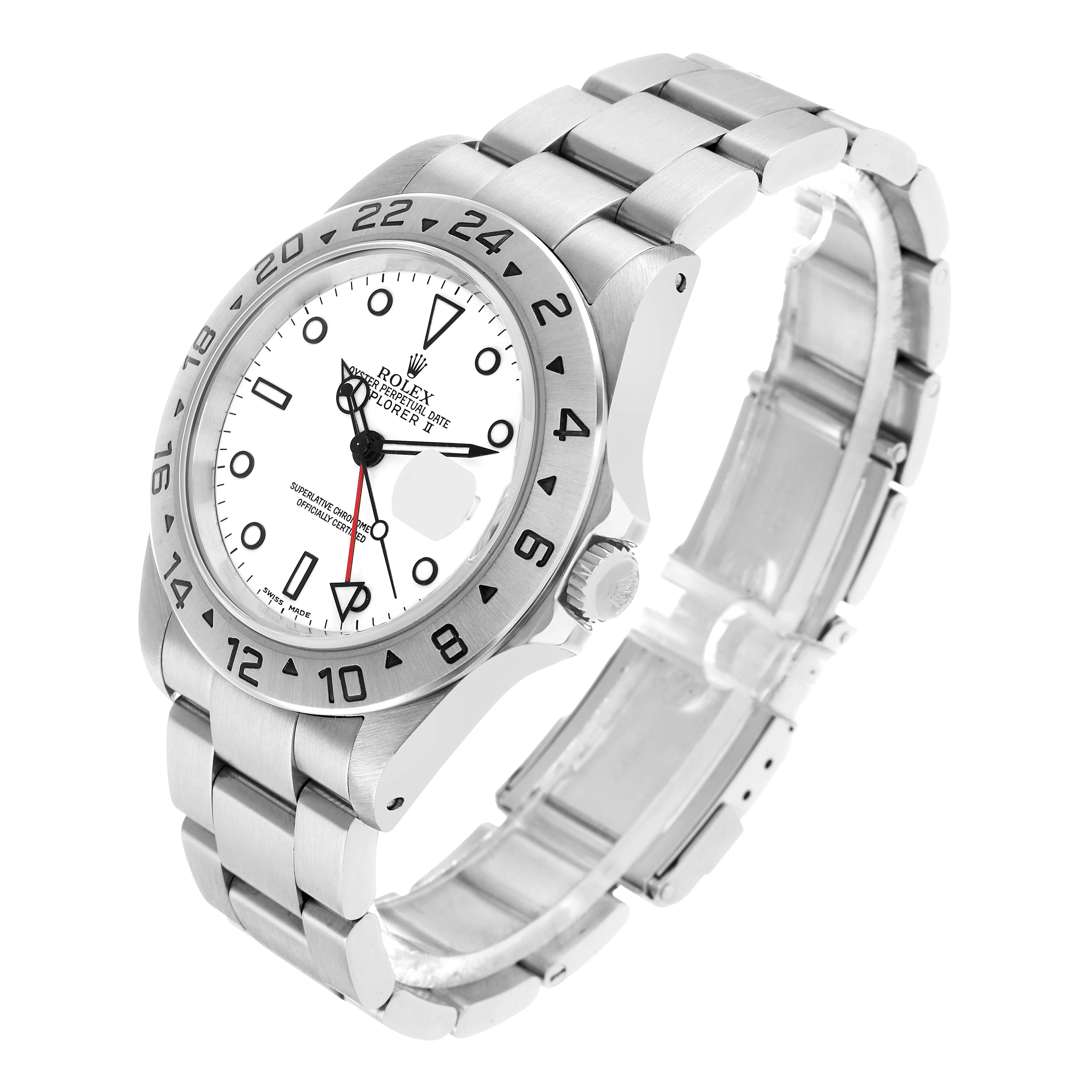 The Rolex Explorer 16570 Men's Stainless Steel White Dial watch is shown angled from the front and side, showcasing the face, bezel, and bracelet.