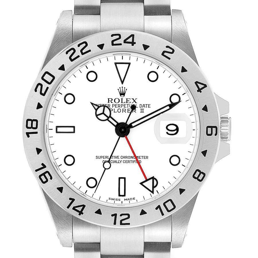 The Rolex Explorer 16570 Men's Stainless Steel White Dial watch is shown from the front, displaying the dial, bezel with 24-hour markings, and part of the bracelet.