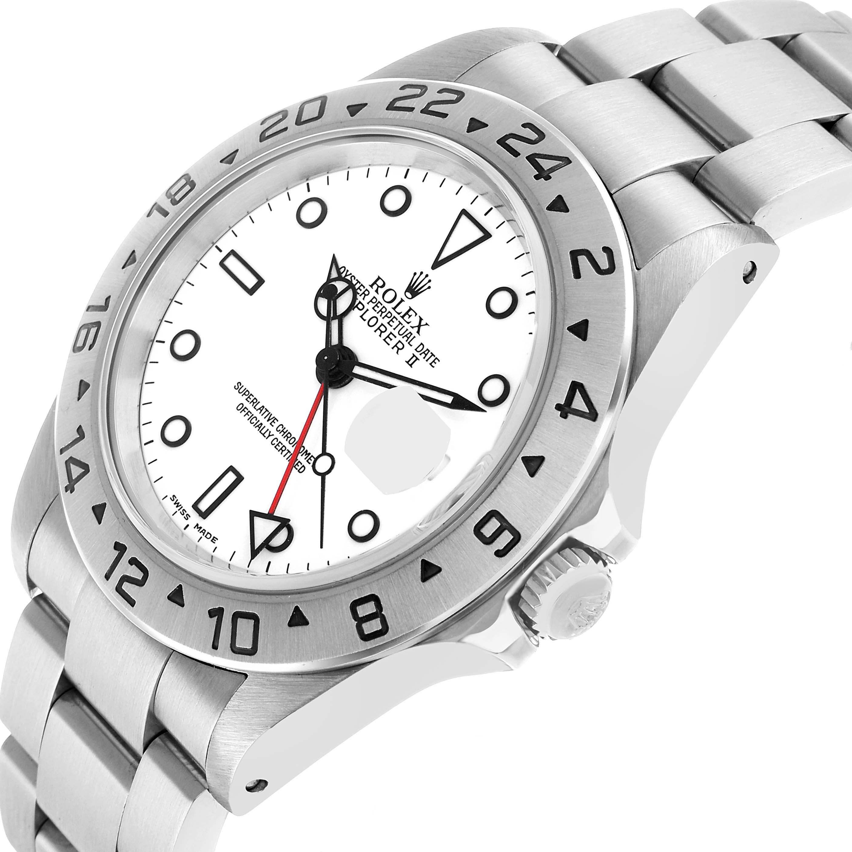 The Rolex Explorer 16570 Men's Stainless Steel White Dial II is shown at a three-quarter angle, highlighting the bezel, white dial, bracelet, and crown.