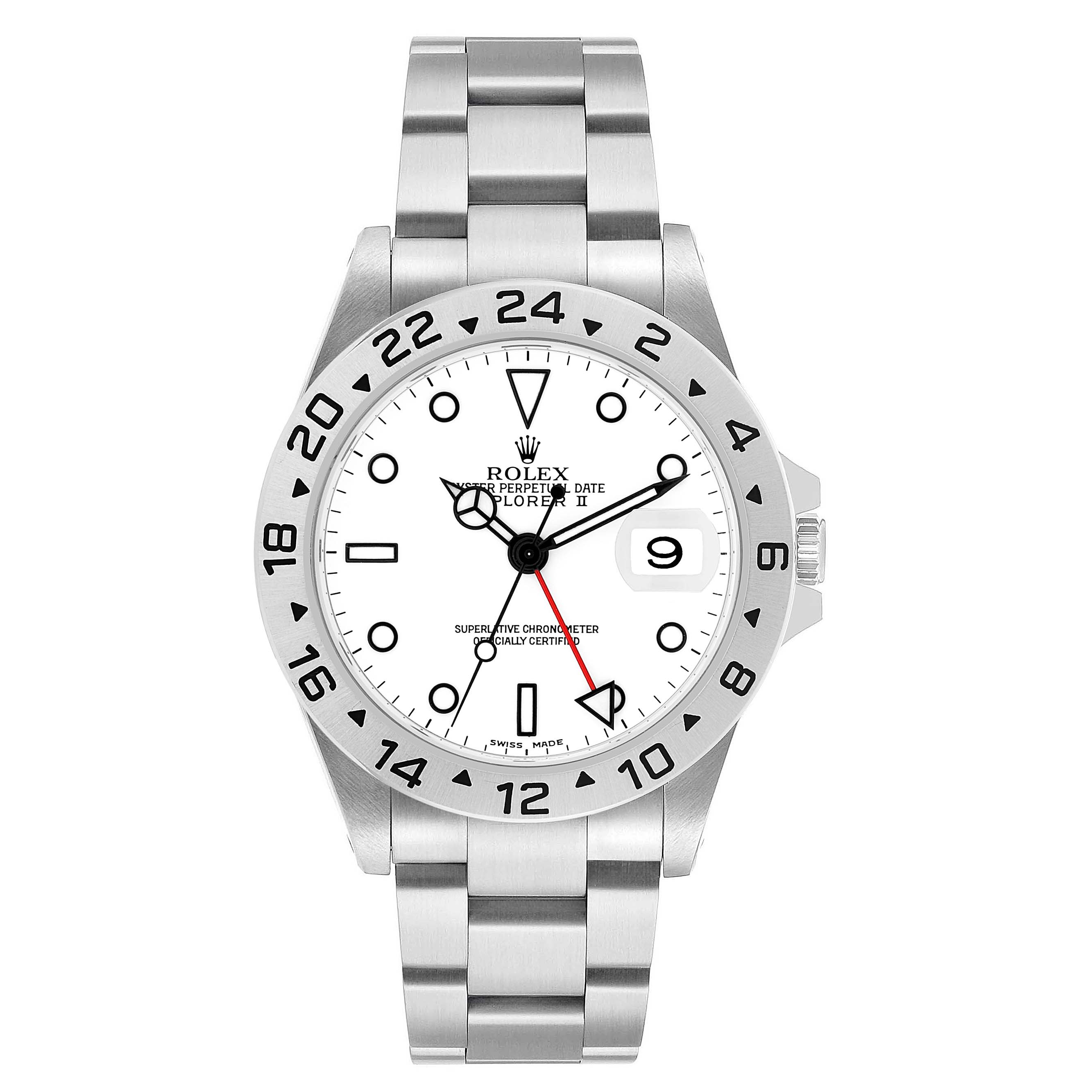 The image shows a front view of a Rolex Explorer 16570 Men's Stainless Steel White Dial II watch, highlighting the dial, bezel, bracelet, and crown.