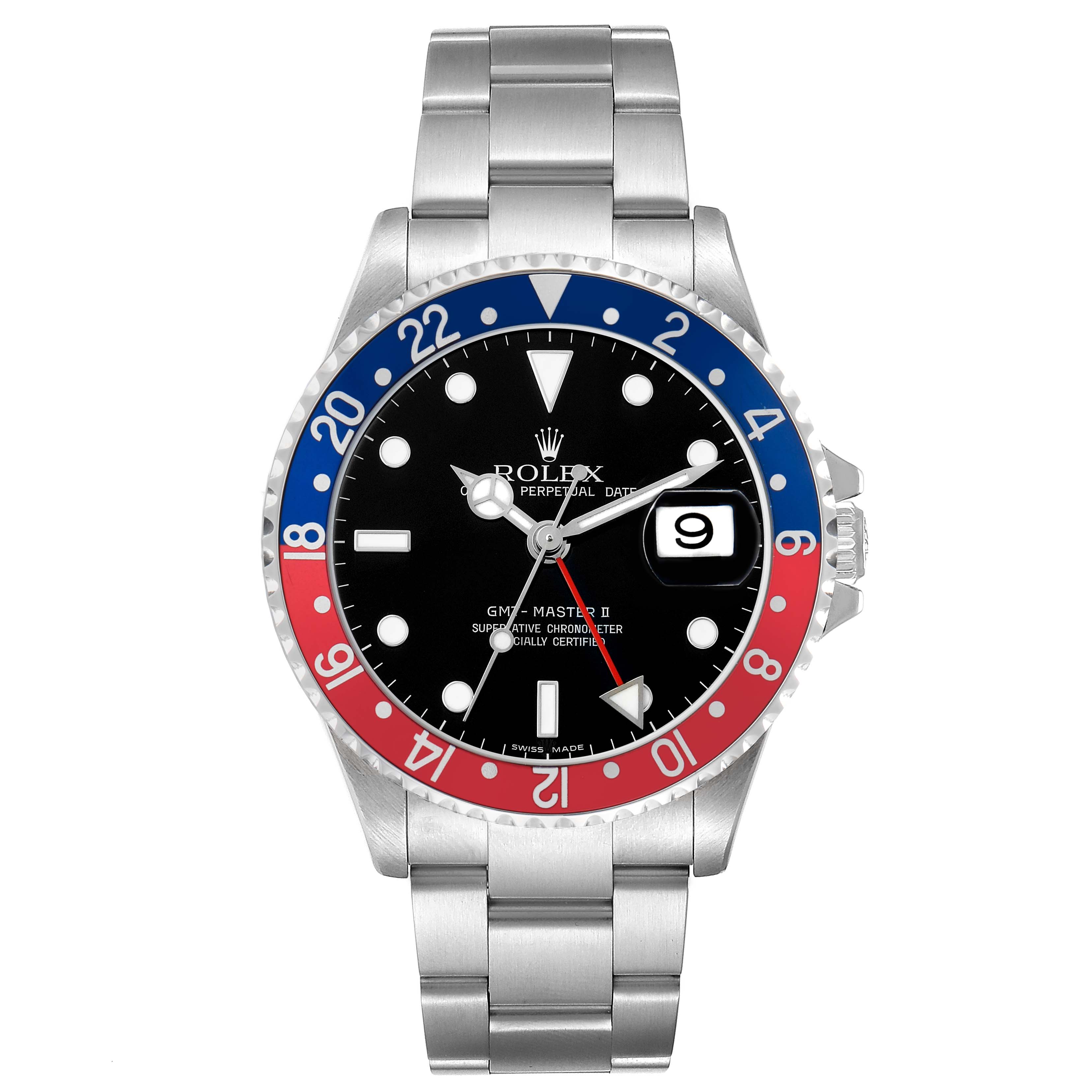 The Rolex GMT-Master 16710 Men's Stainless Steel Black Dial watch is shown from a front angle, displaying the bezel, dial, hands, and bracelet.
