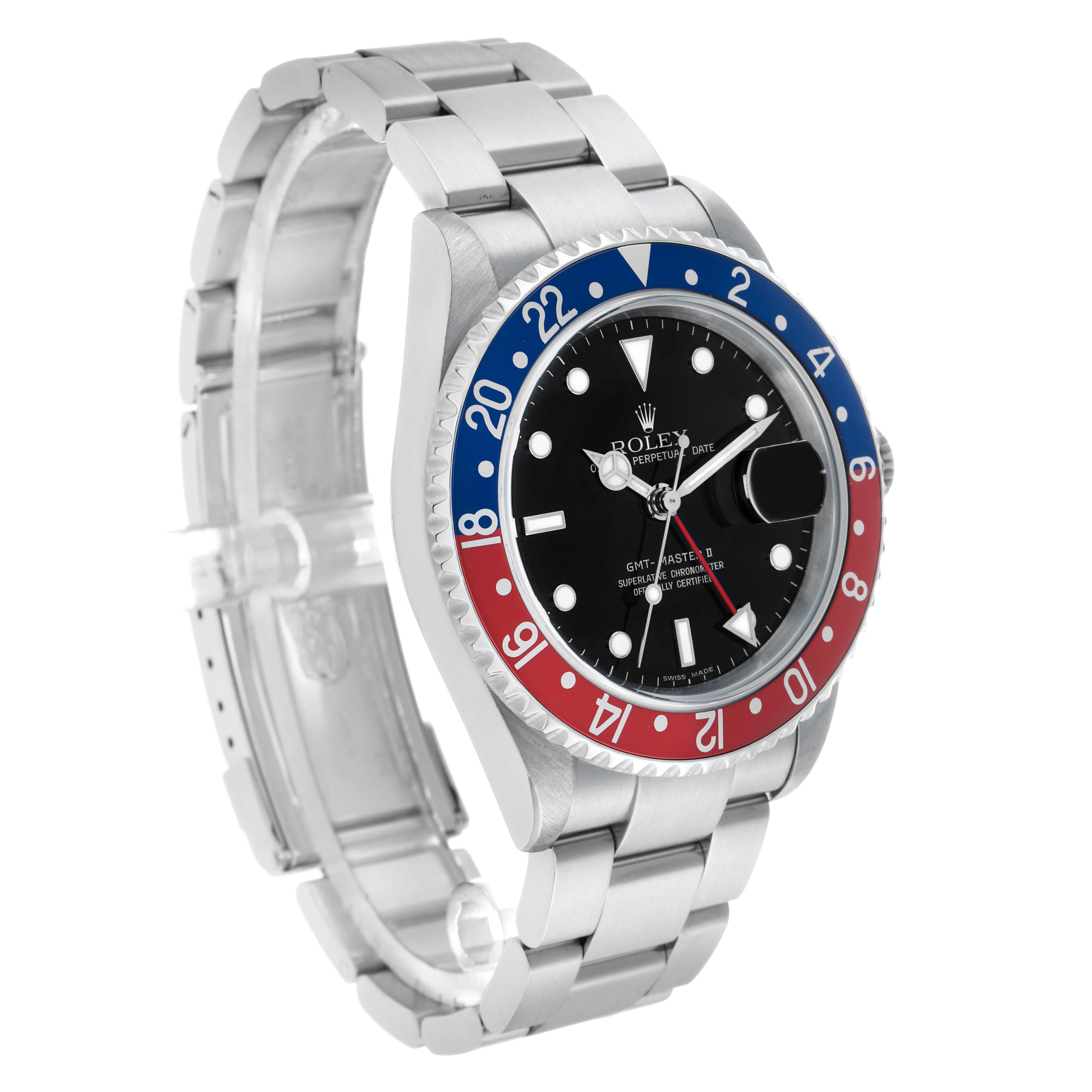 The Rolex GMT-Master 16710 Men's Stainless Steel Black Dial watch is shown from a three-quarter angle, displaying the face, bezel, and bracelet.