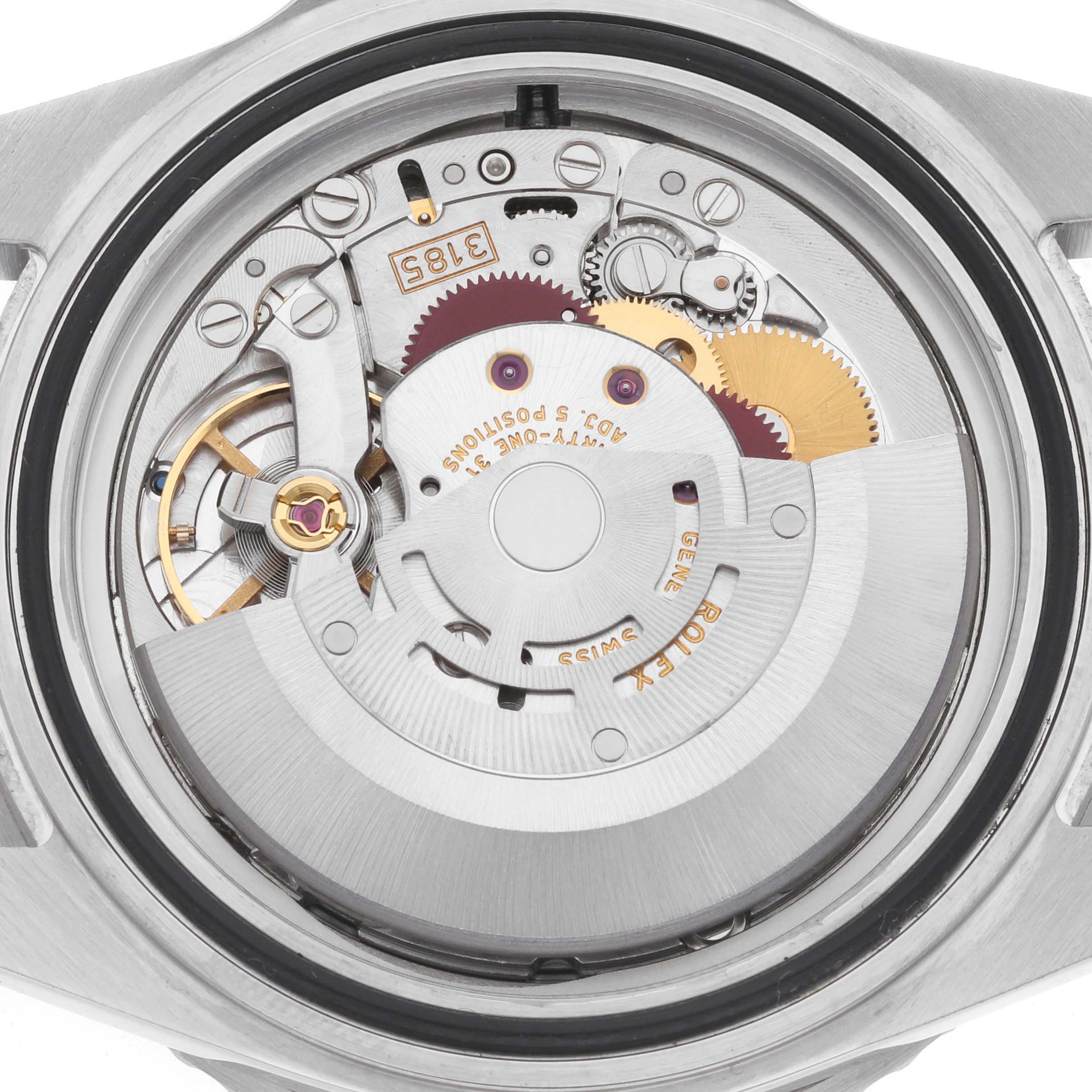 The image shows the back view of a Rolex GMT-Master 16710 Men's Stainless Steel Black Dial, highlighting the intricate movement and internal components.