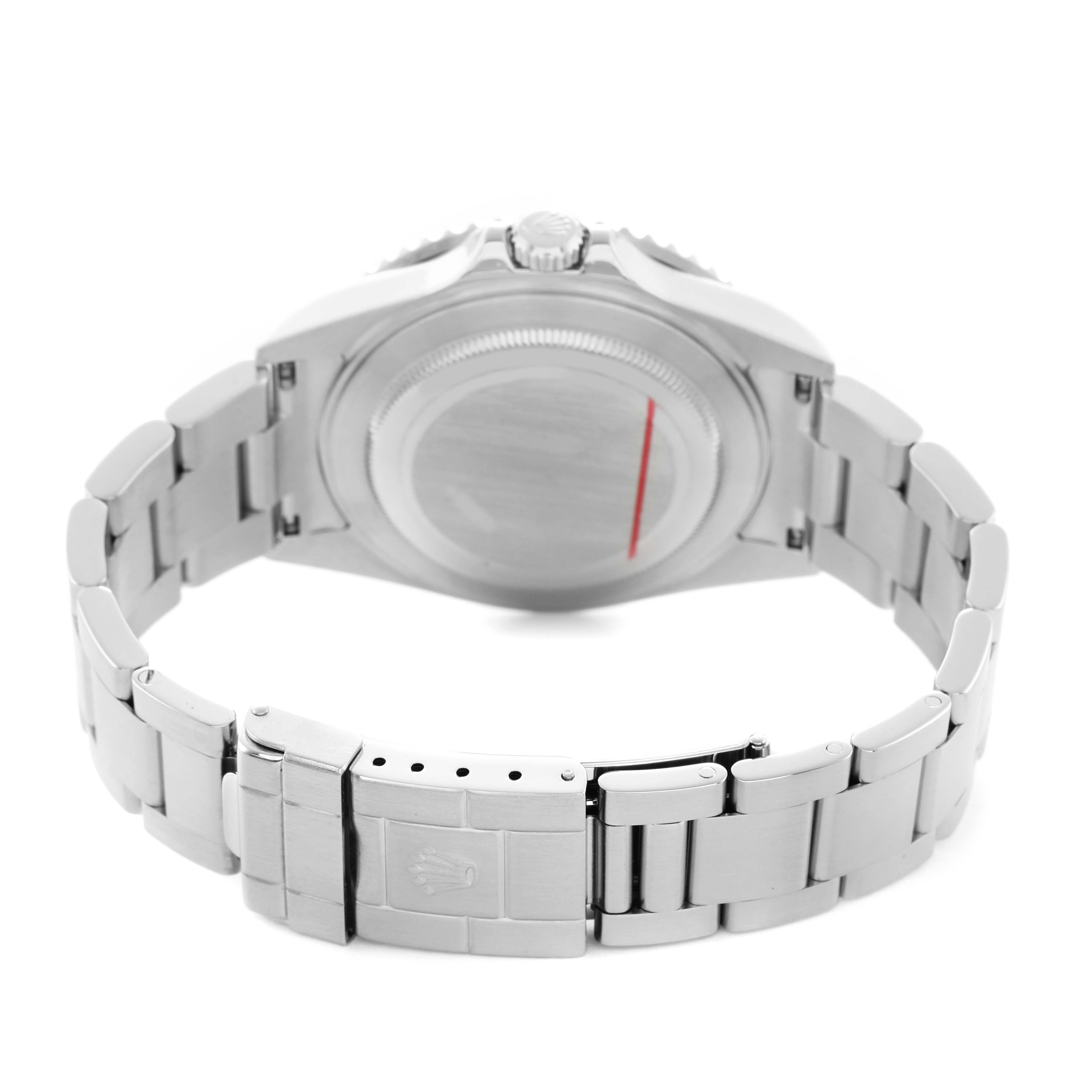 The image shows the back of the Rolex GMT-Master 16710 Men's Stainless Steel Black Dial watch, focusing on the case back and bracelet.