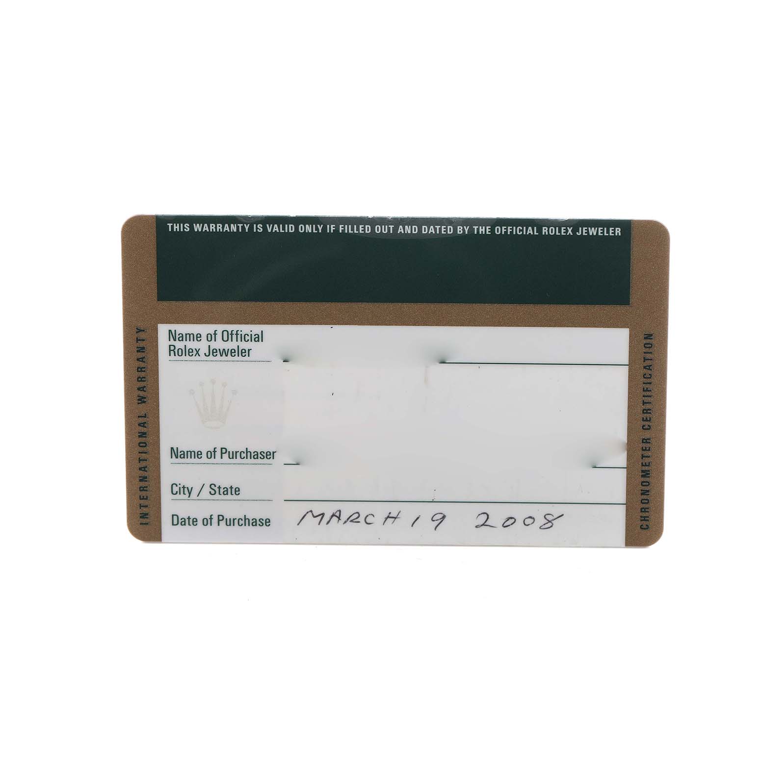 This image shows a warranty card for a Rolex GMT-Master 16710 Men's Stainless Steel Black Dial watch, featuring fields for purchase details.