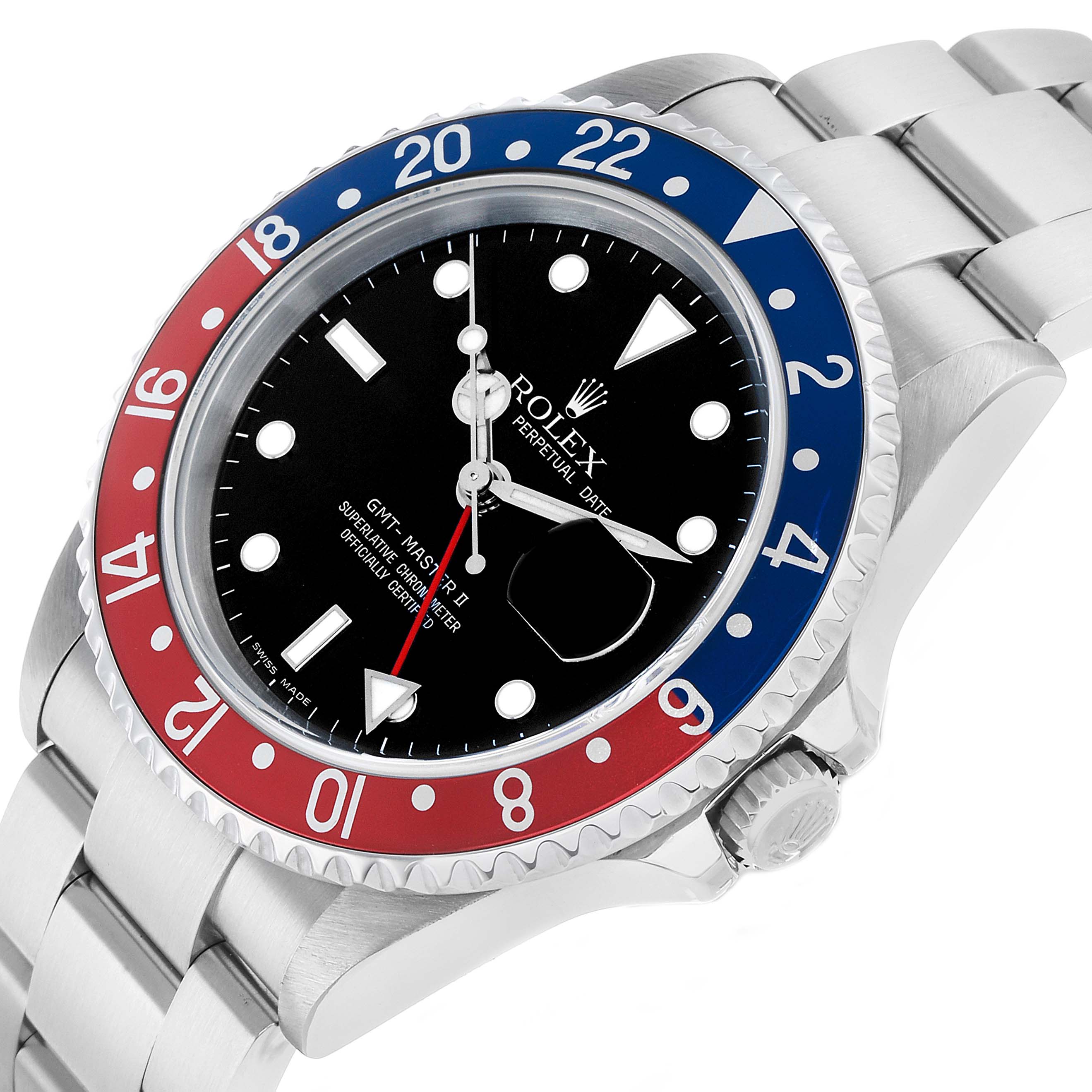 The Rolex GMT-Master 16710 Men's Stainless Steel Black Dial watch is shown from an angled top-side view, highlighting the bezel, case, crown, and bracelet.