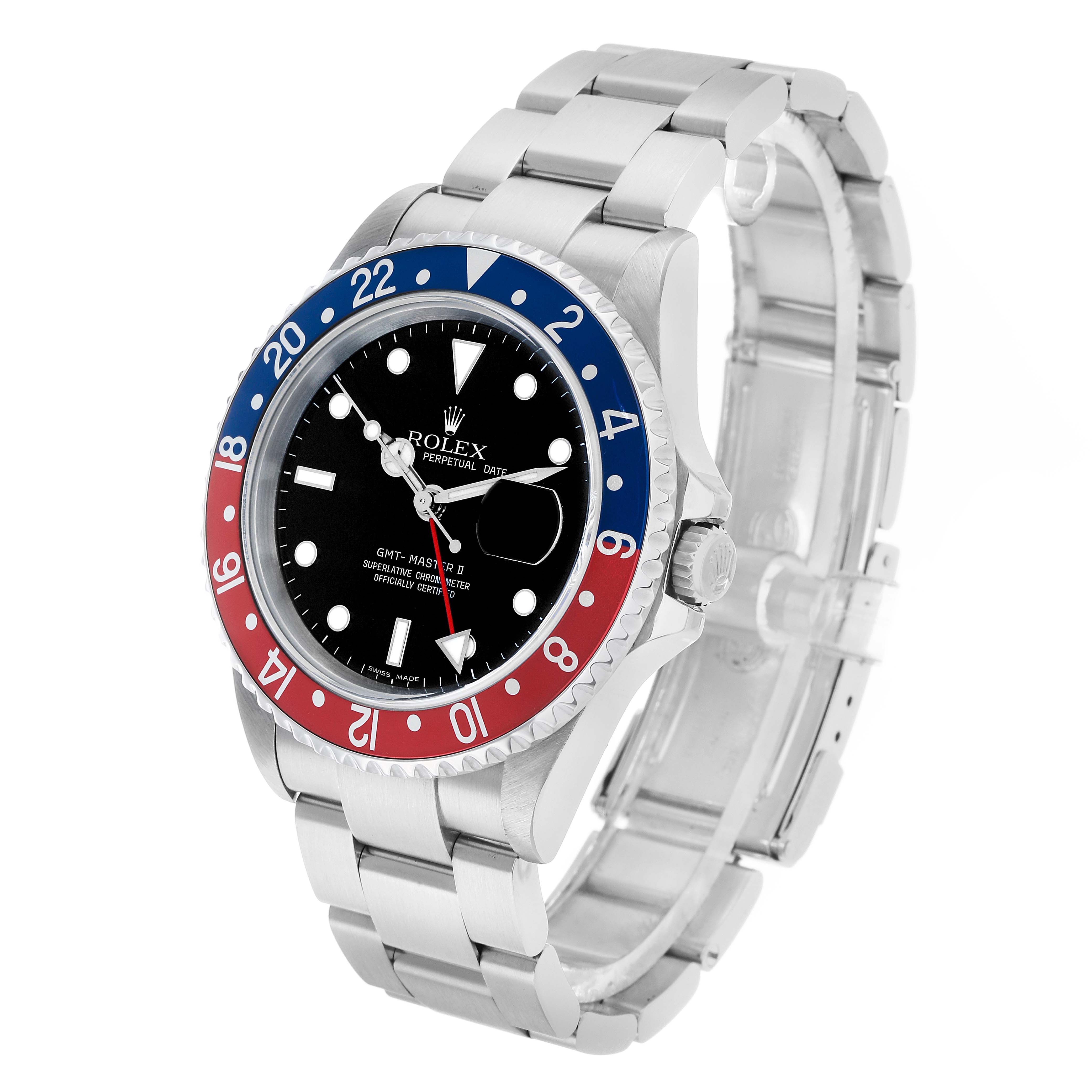 The Rolex GMT-Master 16710 Men's Stainless Steel Black Dial watch is shown at a three-quarter angle, displaying the bezel, dial, bracelet, and crown.
