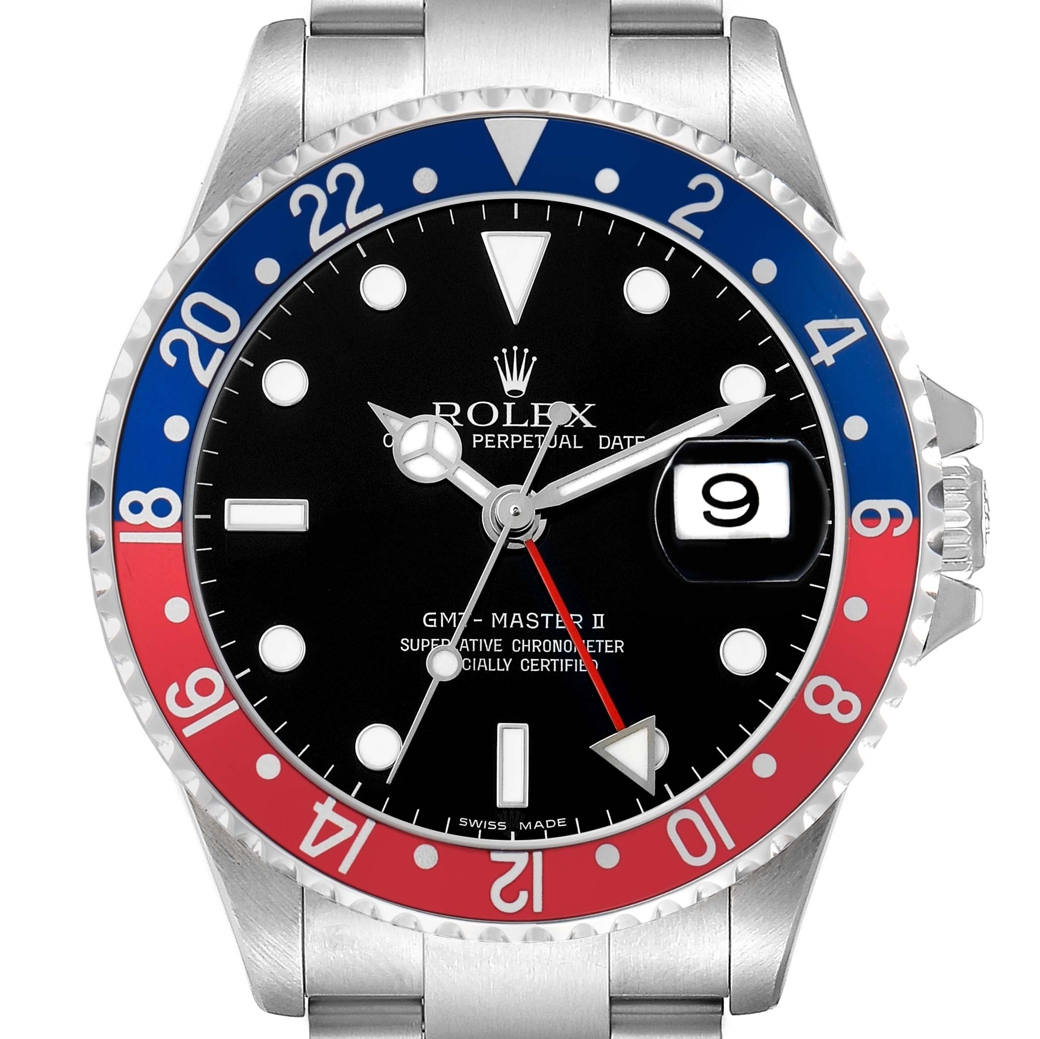 The Rolex GMT-Master 16710 Men's Stainless Steel Black Dial model is shown from the front, displaying the bezel, dial, hands, and date window.
