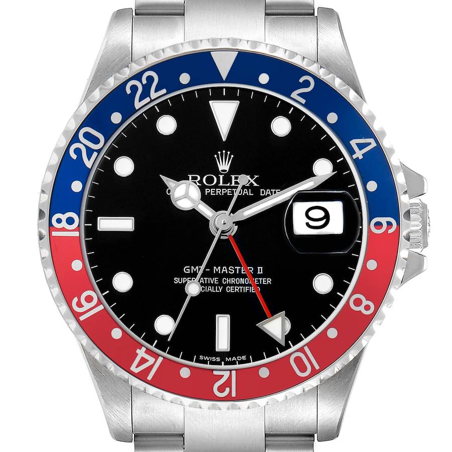 The Rolex GMT-Master 16710 Men's Stainless Steel Black Dial model is shown from the front, displaying the bezel, dial, hands, and date window.