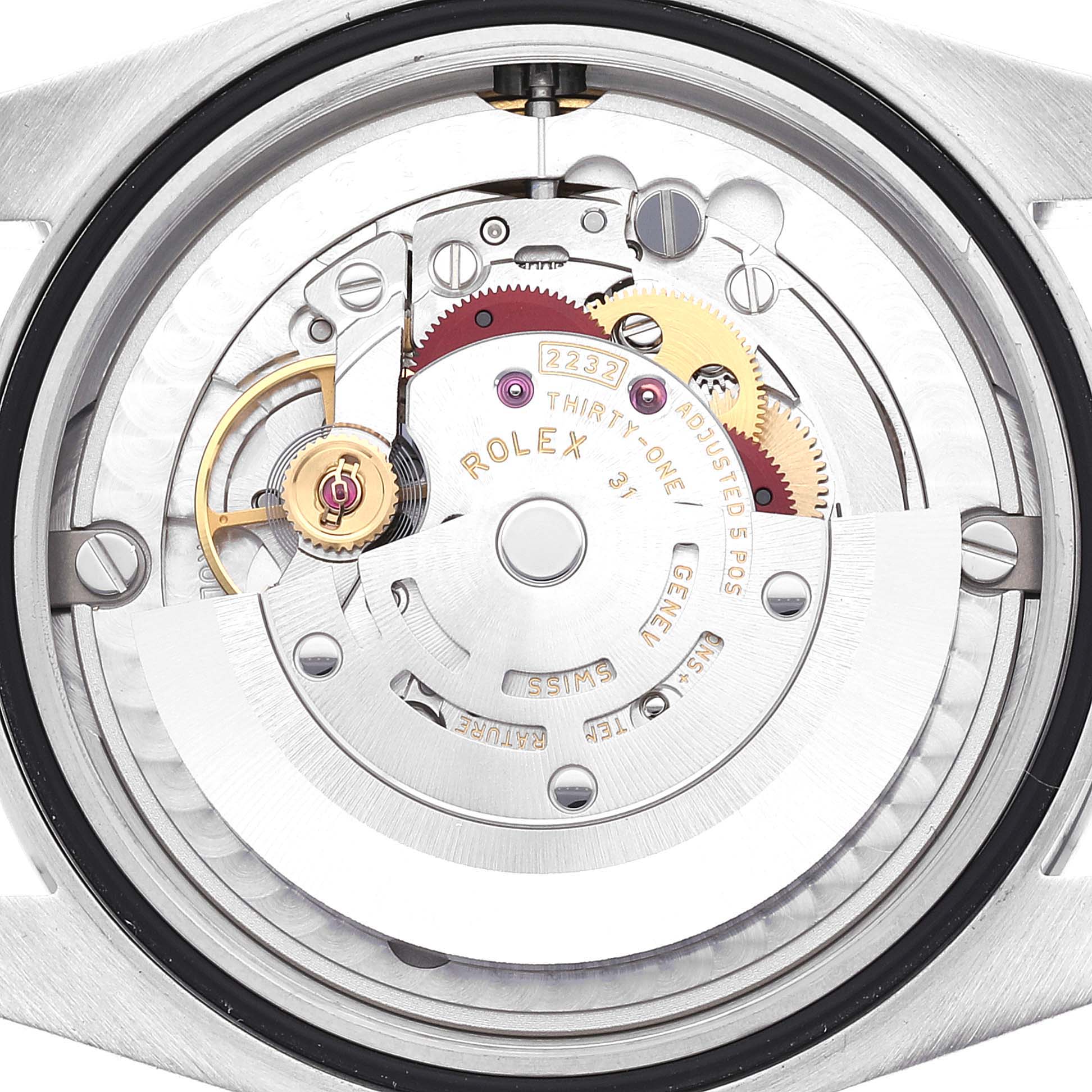 This image shows an internal view of the Rolex Oyster Perpetual 124200 Men
s Stainless Steel Blue Dial 124200 Men
s Stainless Steel Blue Dial watch mechanism, featuring gears and the rotor.