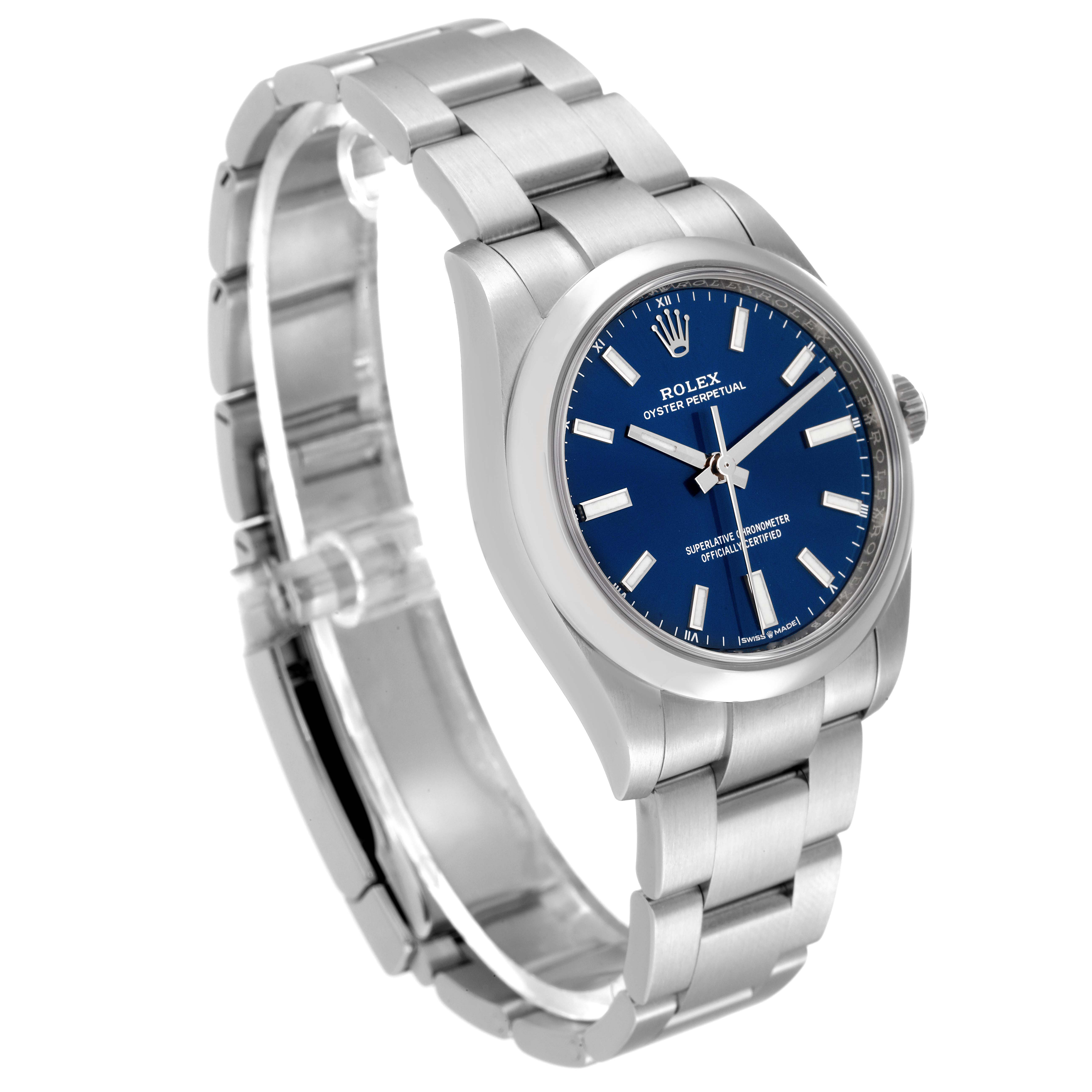 The Rolex Oyster Perpetual 124200 Men
s Stainless Steel Blue Dial 124200 Men
s Stainless Steel Blue Dial watch is shown at a slight angle, displaying the face, bezel, and bracelet.