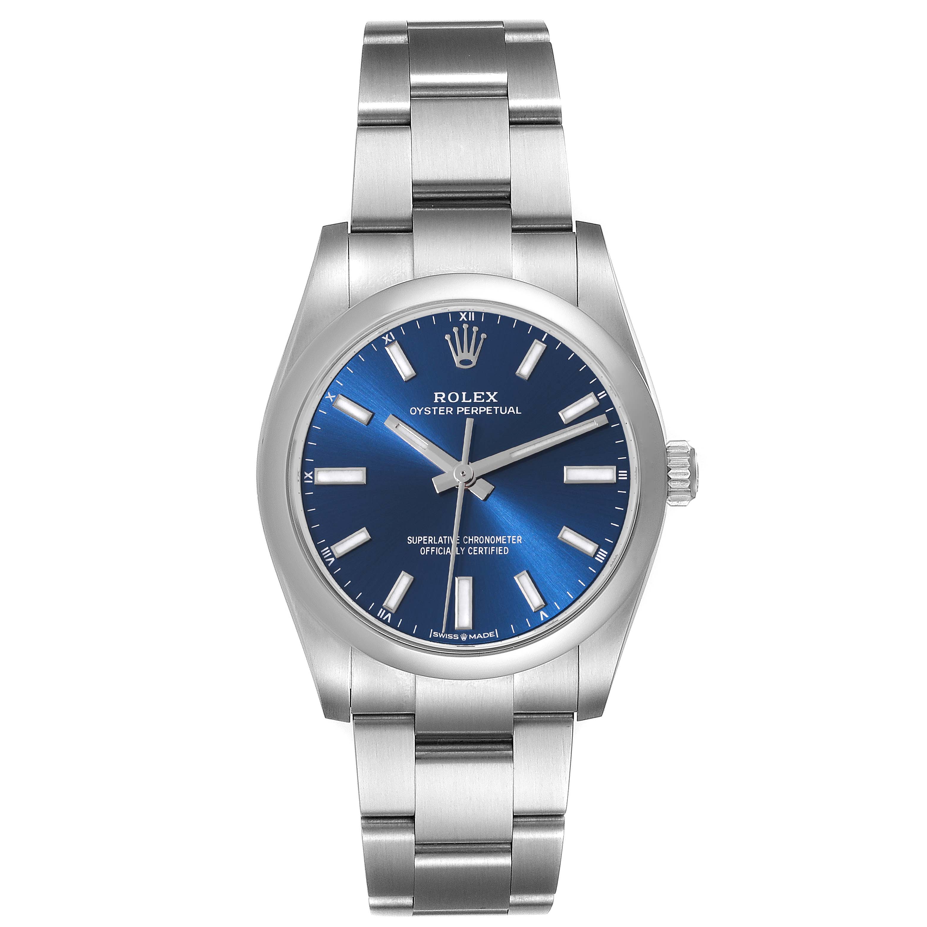 This is a front view of a Rolex Oyster Perpetual 124200 Men
s Stainless Steel Blue Dial 124200 Men
s Stainless Steel Blue Dial watch showing the face, case, and bracelet.