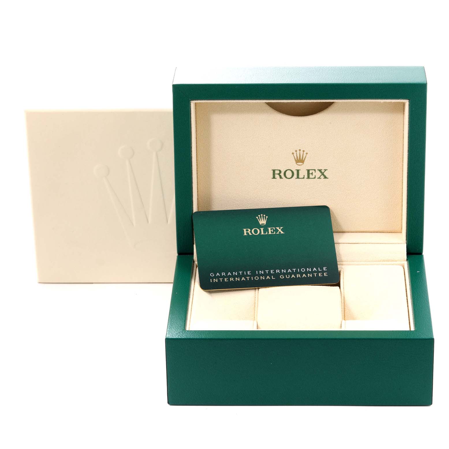 The image shows the open packaging, international guarantee card, and box of a Rolex Oyster Perpetual 124200 Men
s Stainless Steel Blue Dial 124200 Men
s Stainless Steel Blue Dial watch.