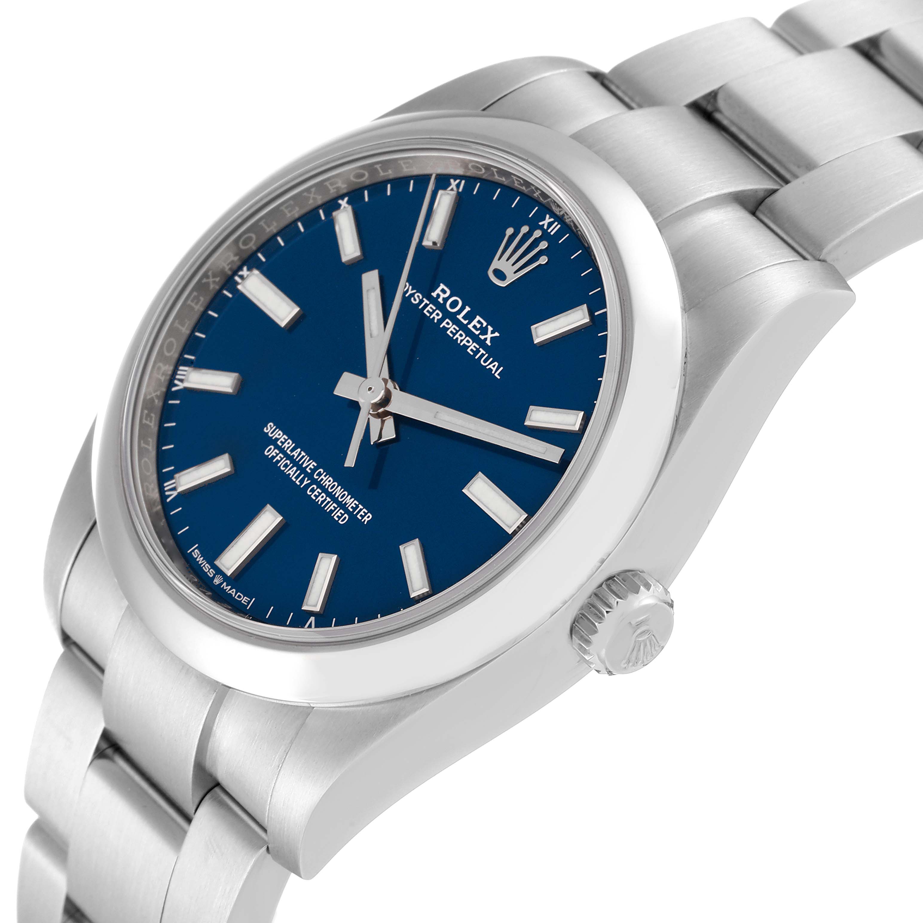 The image shows a side angle of the Rolex Oyster Perpetual 124200 Men
s Stainless Steel Blue Dial 124200 Men
s Stainless Steel Blue Dial watch, highlighting its blue dial, crown, and bracelet.